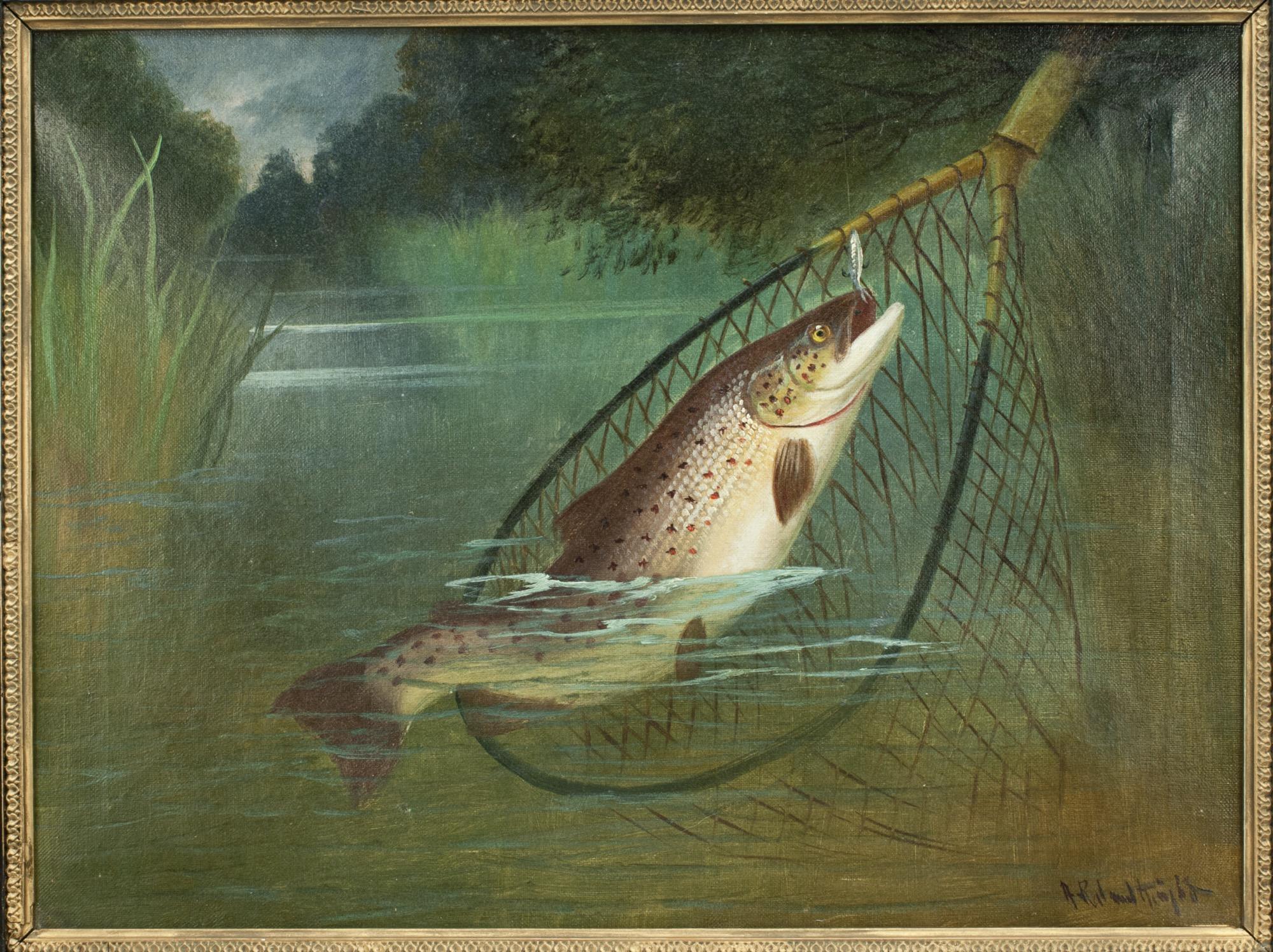 Pair of Antique Fishing Oil Paintings by A. Roland Knight 8