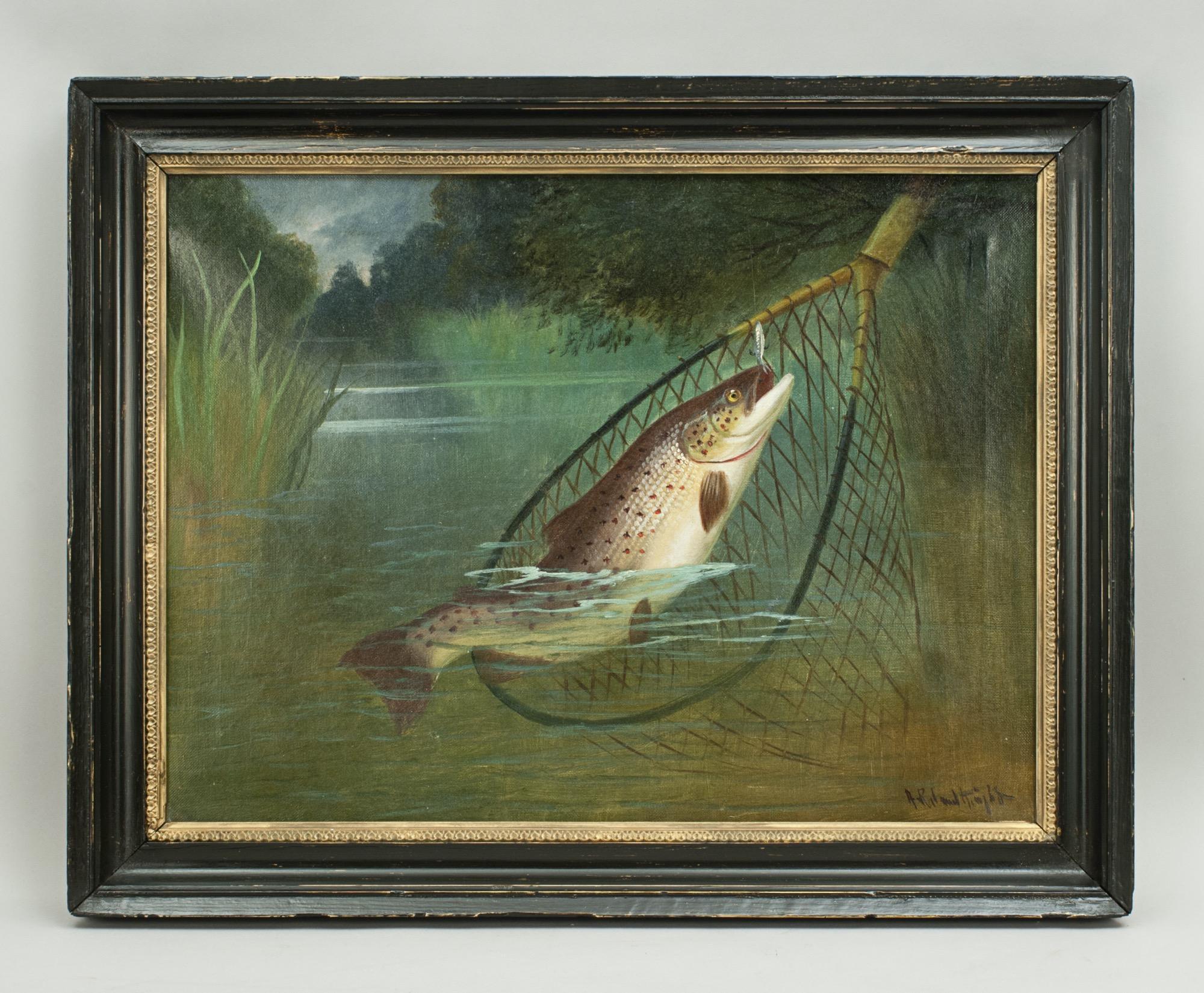 Pair of Antique Fishing Oil Paintings by A. Roland Knight 10