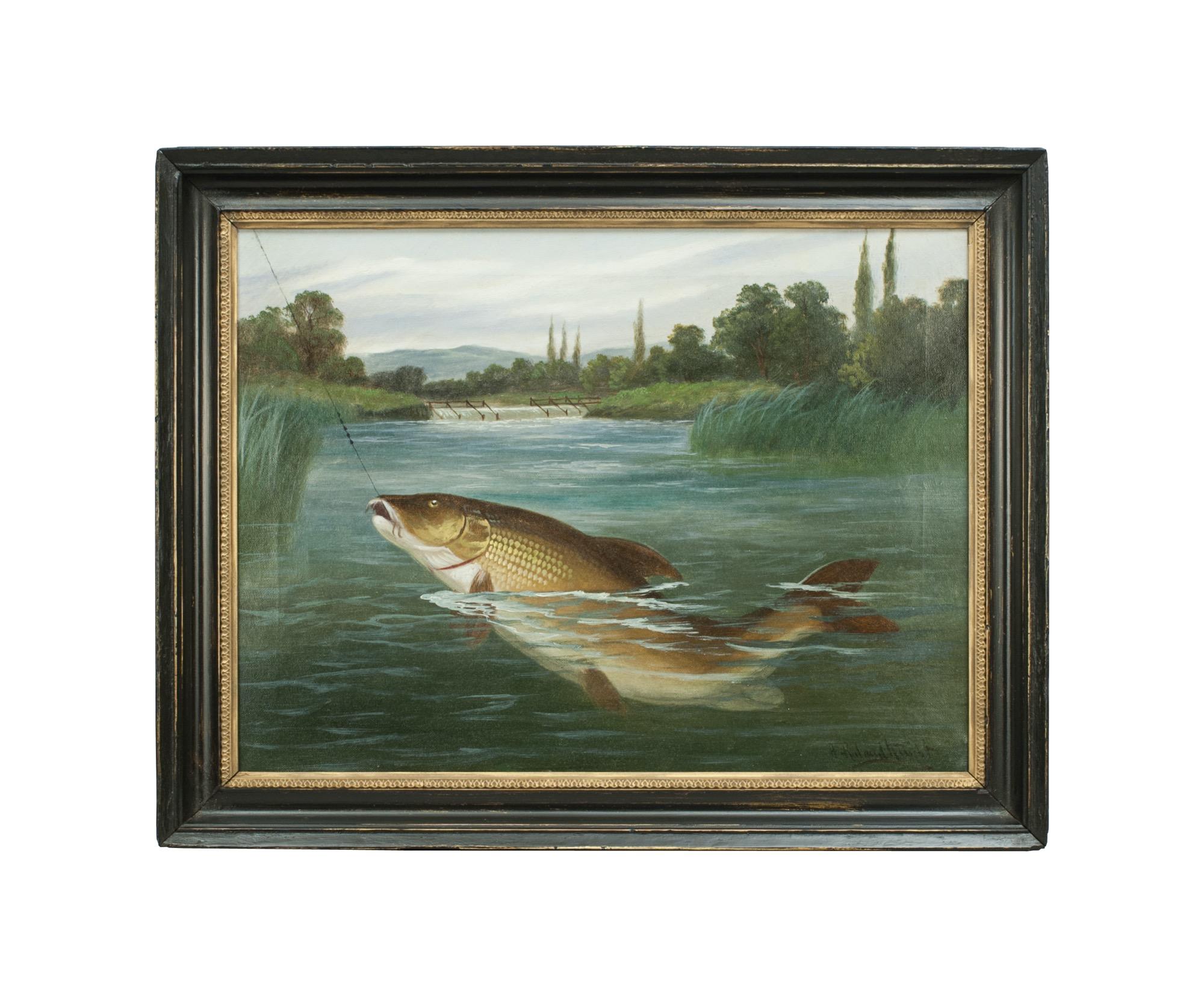 Roland knight fish oil paintings, fishing on the thames.
A Fine pair of original Victorian oil on canvas fish paintings by A. Roland Knight (1879-1921), renowned angling artist. The two studies are 'A Fallen Monarch' and 'Thames Barbel Fishing',