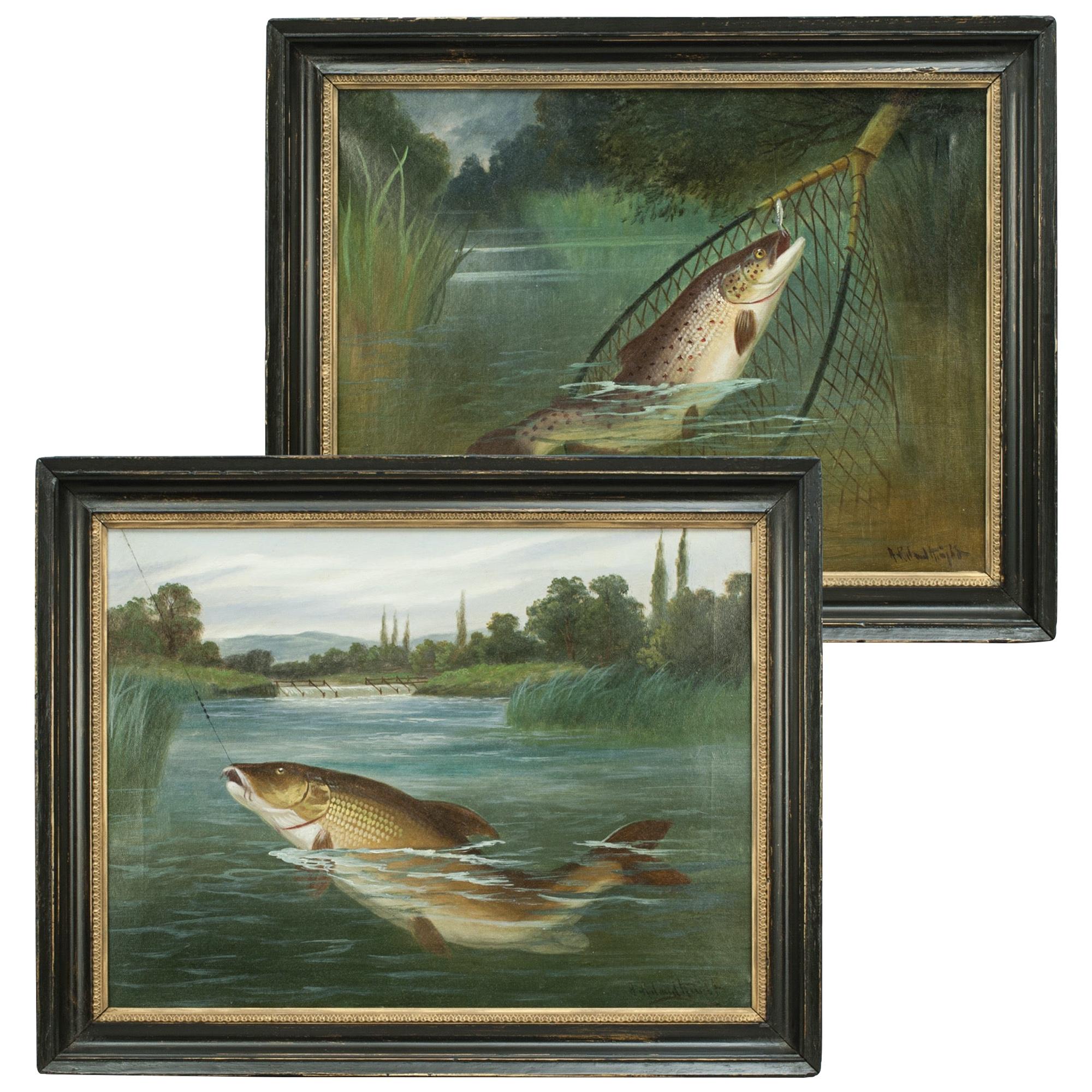 Pair of Antique Fishing Oil Paintings by A. Roland Knight