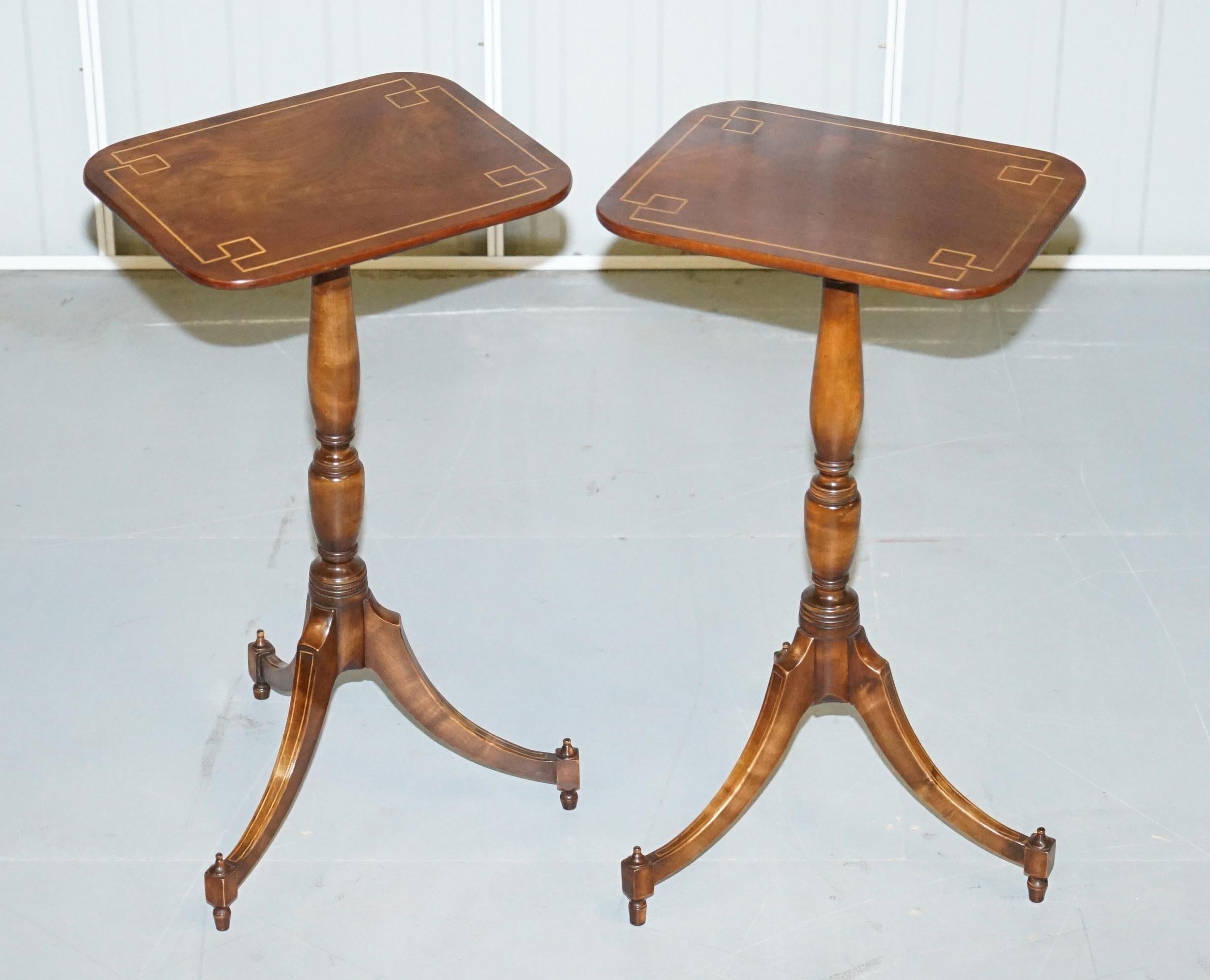We are delighted to offer for sale this stunning pair of flamed walnut with box wood inlay lamp side tables

I have two pairs of these, the other pairs are slightly larger and listed under my other items

They are a very good looking well made