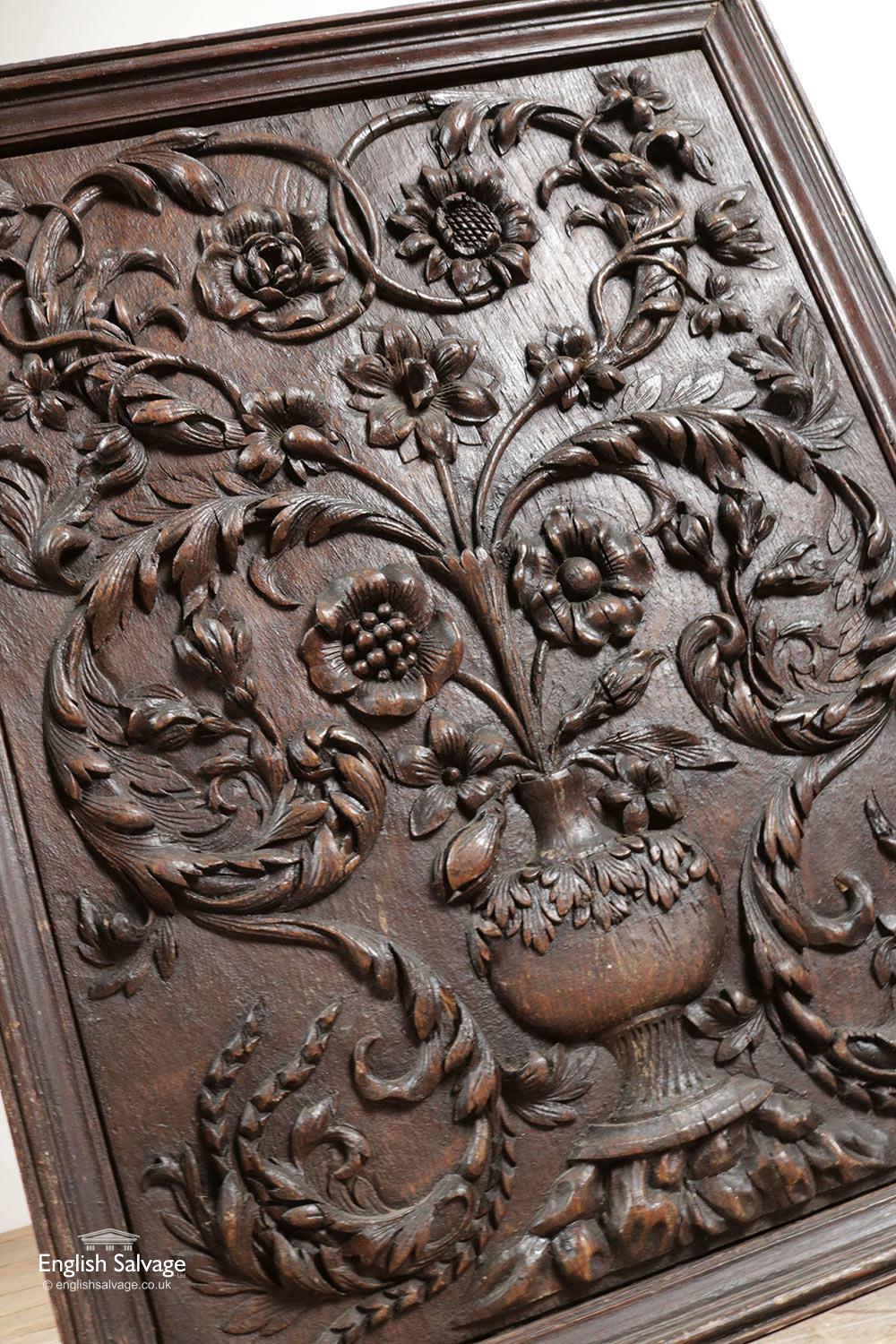 Pair of Antique Floral Carved Oak Panels, 20th Century For Sale 1