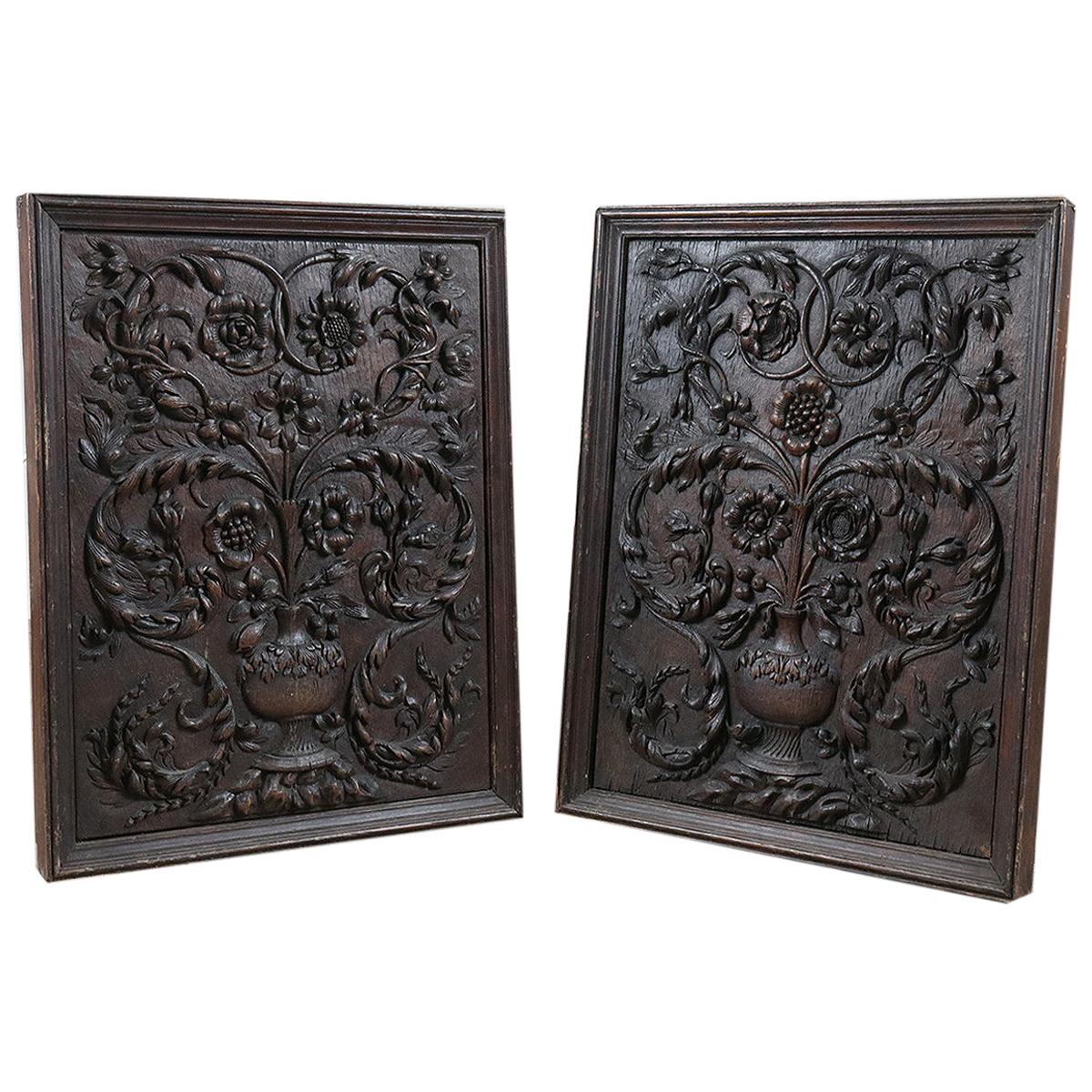 Pair of Antique Floral Carved Oak Panels, 20th Century For Sale