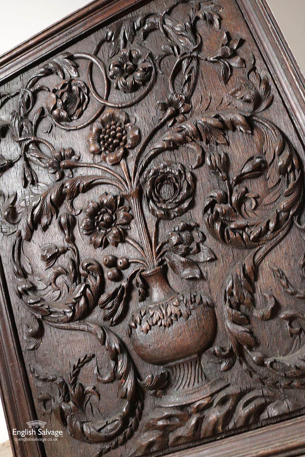 European Pair of Antique Floral Carved Oak Panels For Sale
