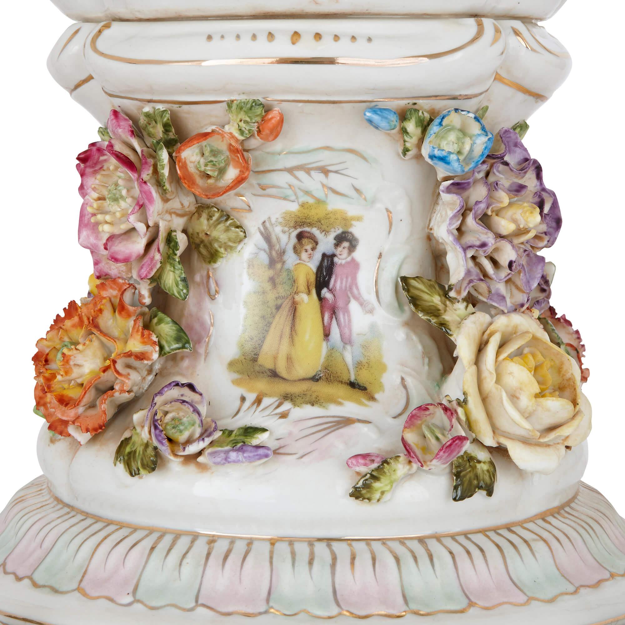 Rococo Pair of Antique Floral Dresden Porcelain Vases