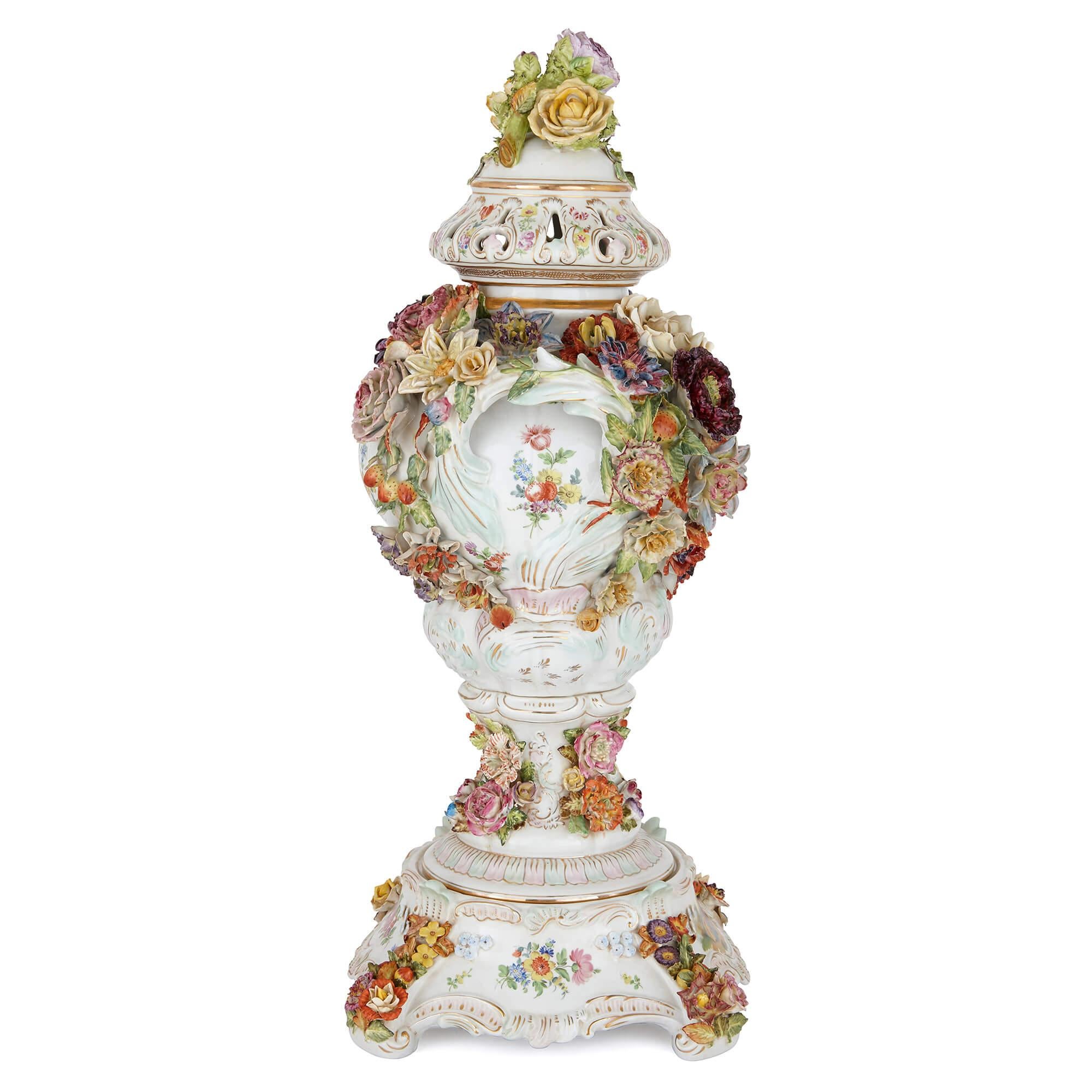 German Pair of Antique Floral Dresden Porcelain Vases
