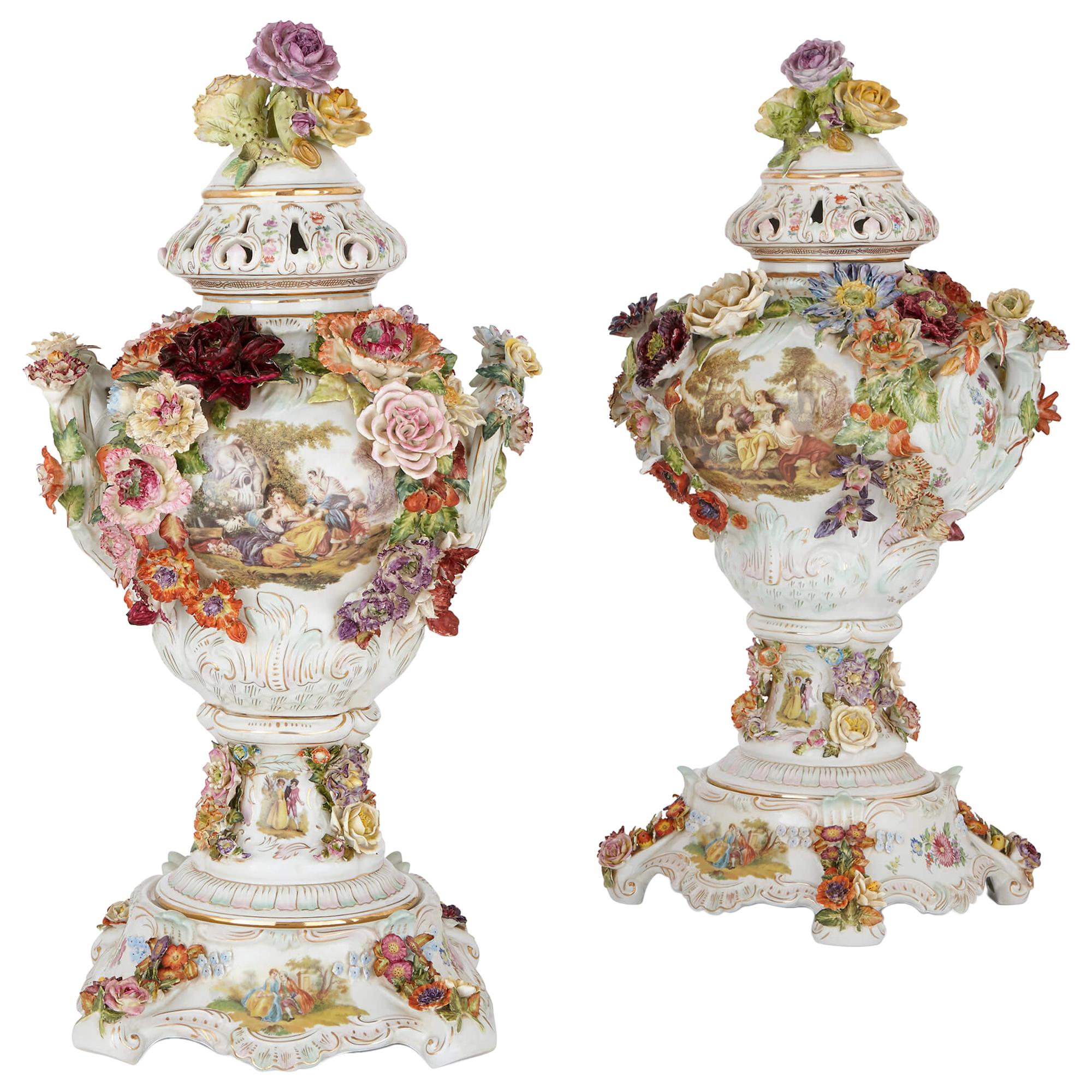 Pair of Antique Floral Dresden Porcelain Vases