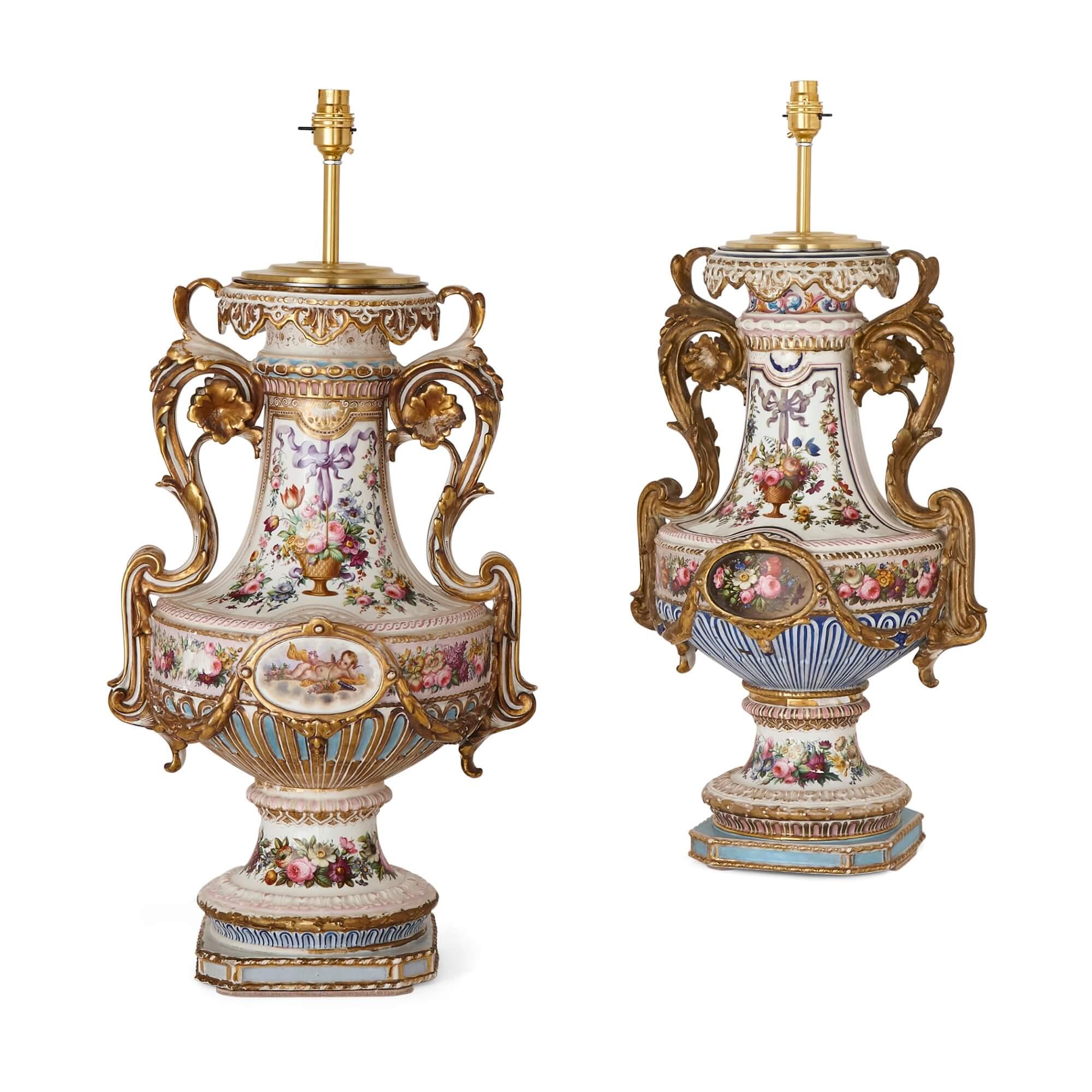 Pair of antique florally decorated porcelain lamps
French, 19th century
Measures: With shades: Height 101cm, width 49cm, depth 36cm
Without shades: Height 69cm, width 33cm, depth 28cm

The porcelain lamps in this pair are striking examples of