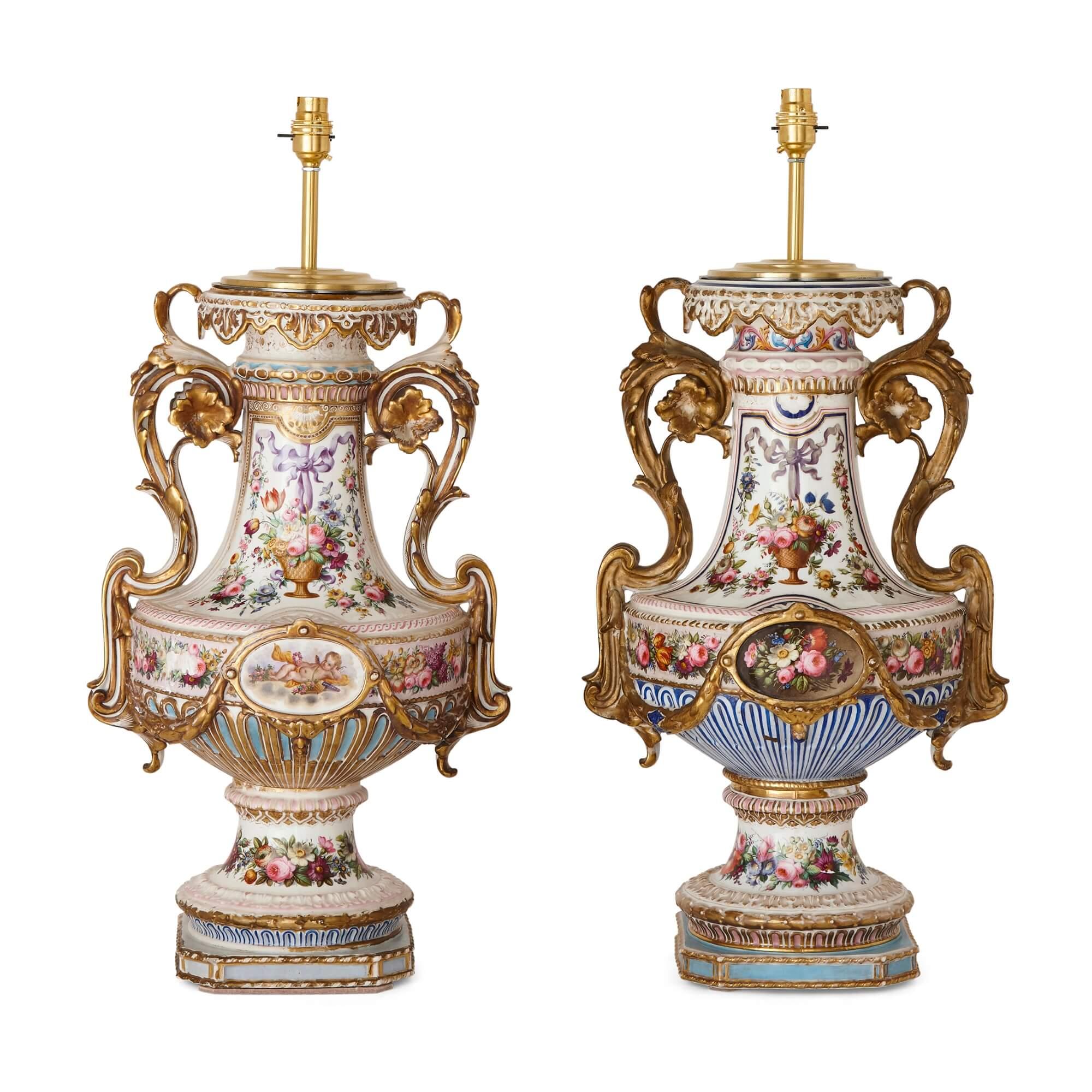 Rococo Pair of Antique Florally Decorated Porcelain Lamps For Sale