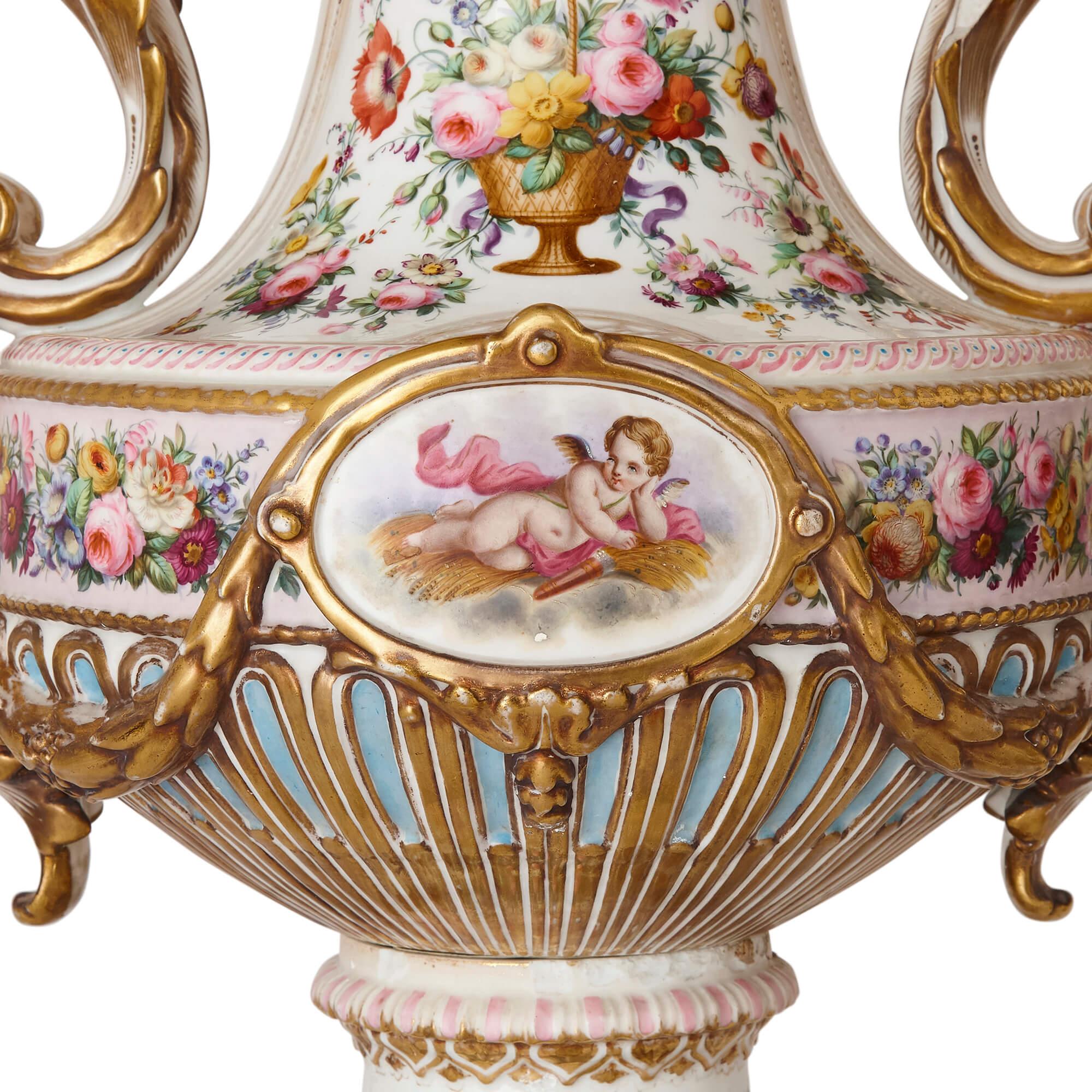 Pair of Antique Florally Decorated Porcelain Lamps In Good Condition For Sale In London, GB