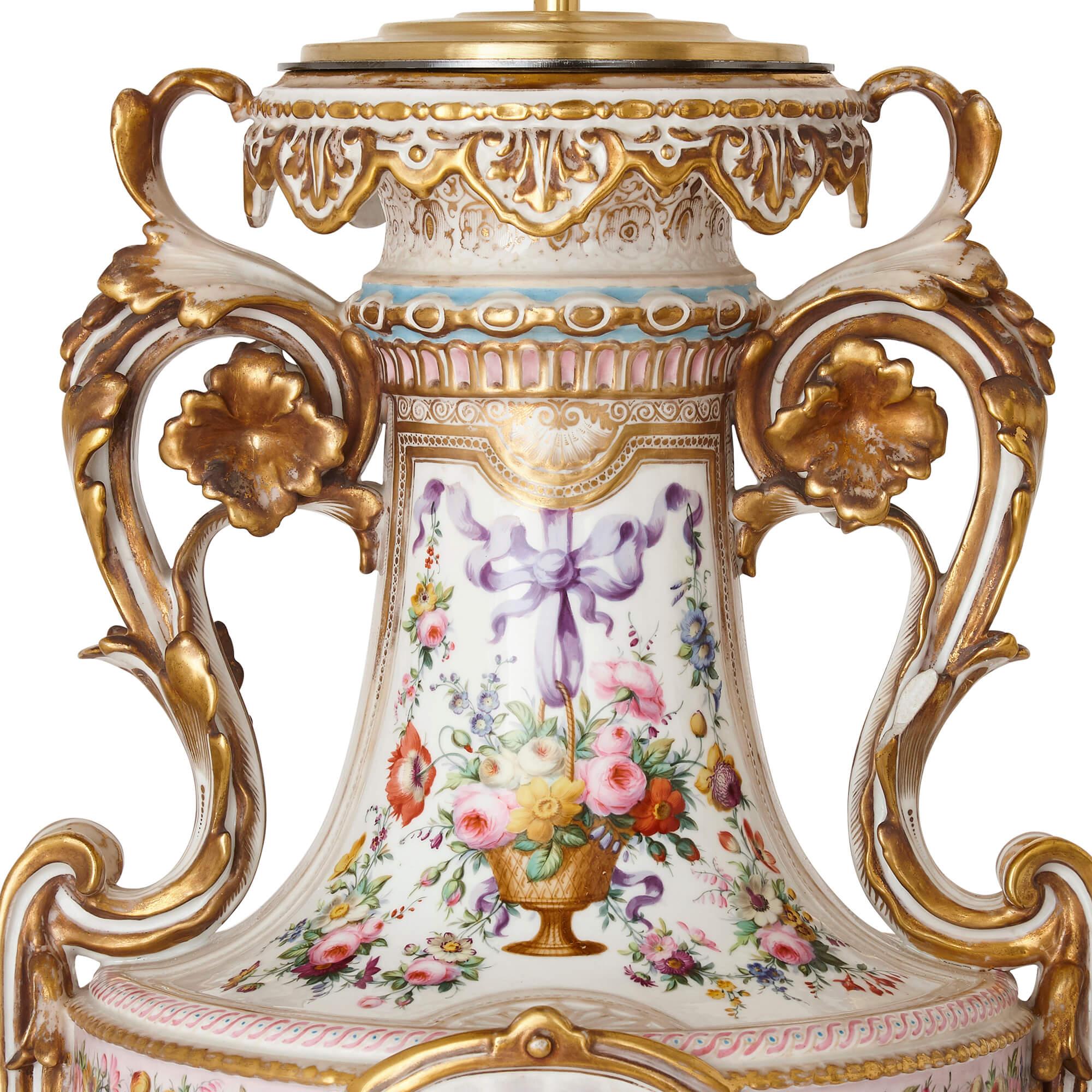 Pair of Antique Florally Decorated Porcelain Lamps For Sale 1