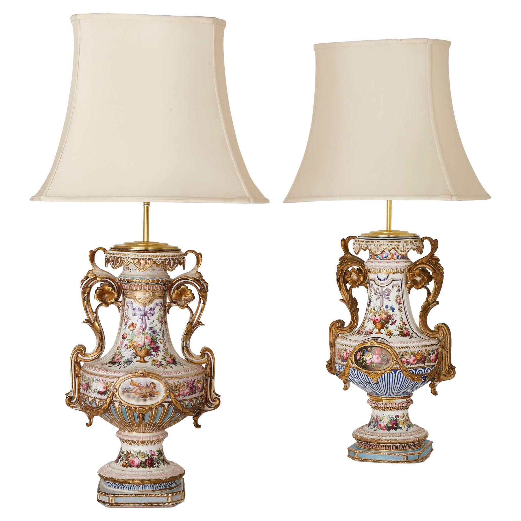 Pair of Antique Florally Decorated Porcelain Lamps For Sale