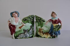 Pair of Antique Flower Vases, Majolica signed HK, Shepherd and Shepherdess