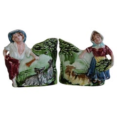Pair of Antique Flower Vases, Majolica signed HK, Shepherd and Shepherdess