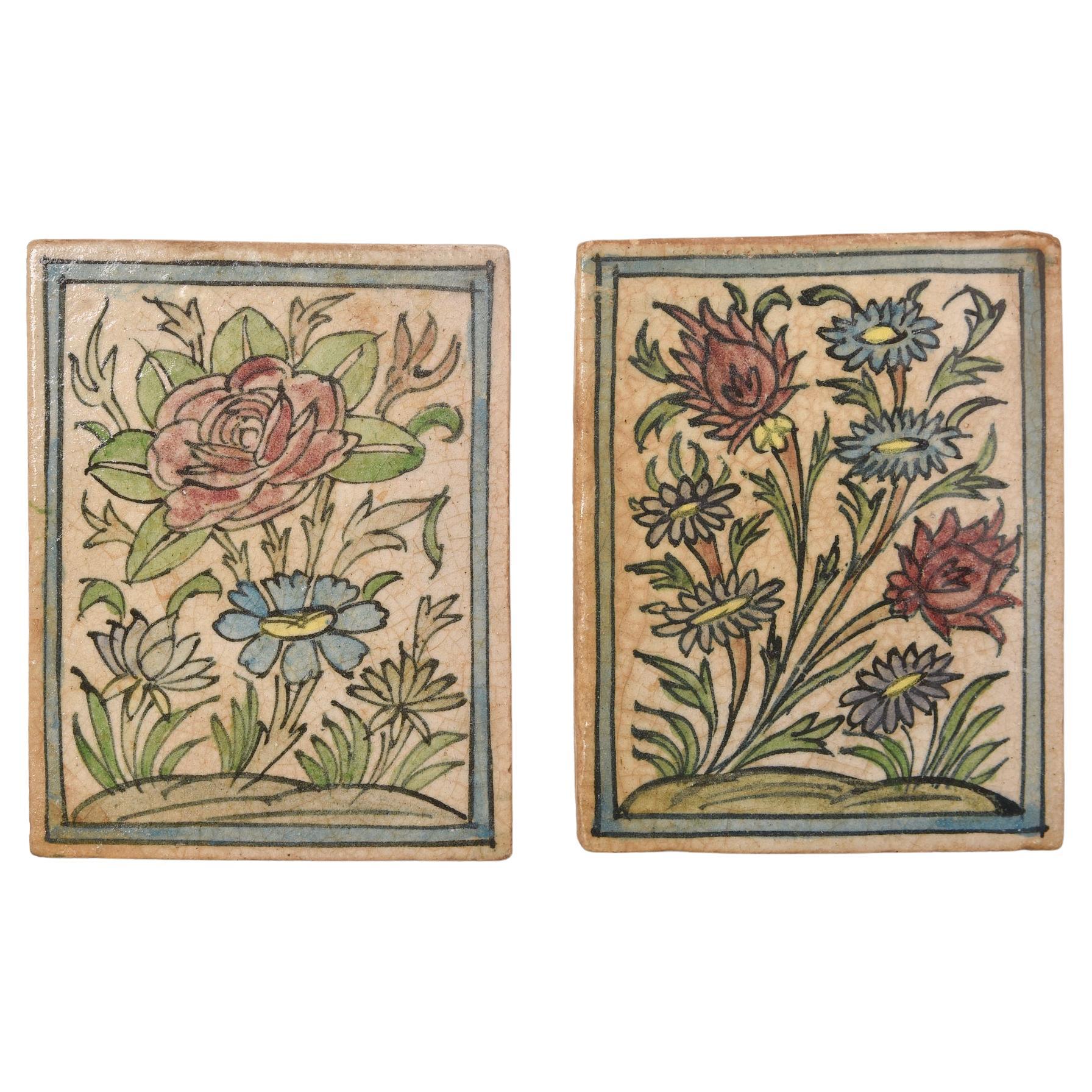 Pair of Antique "Flowers" Tiles For Sale