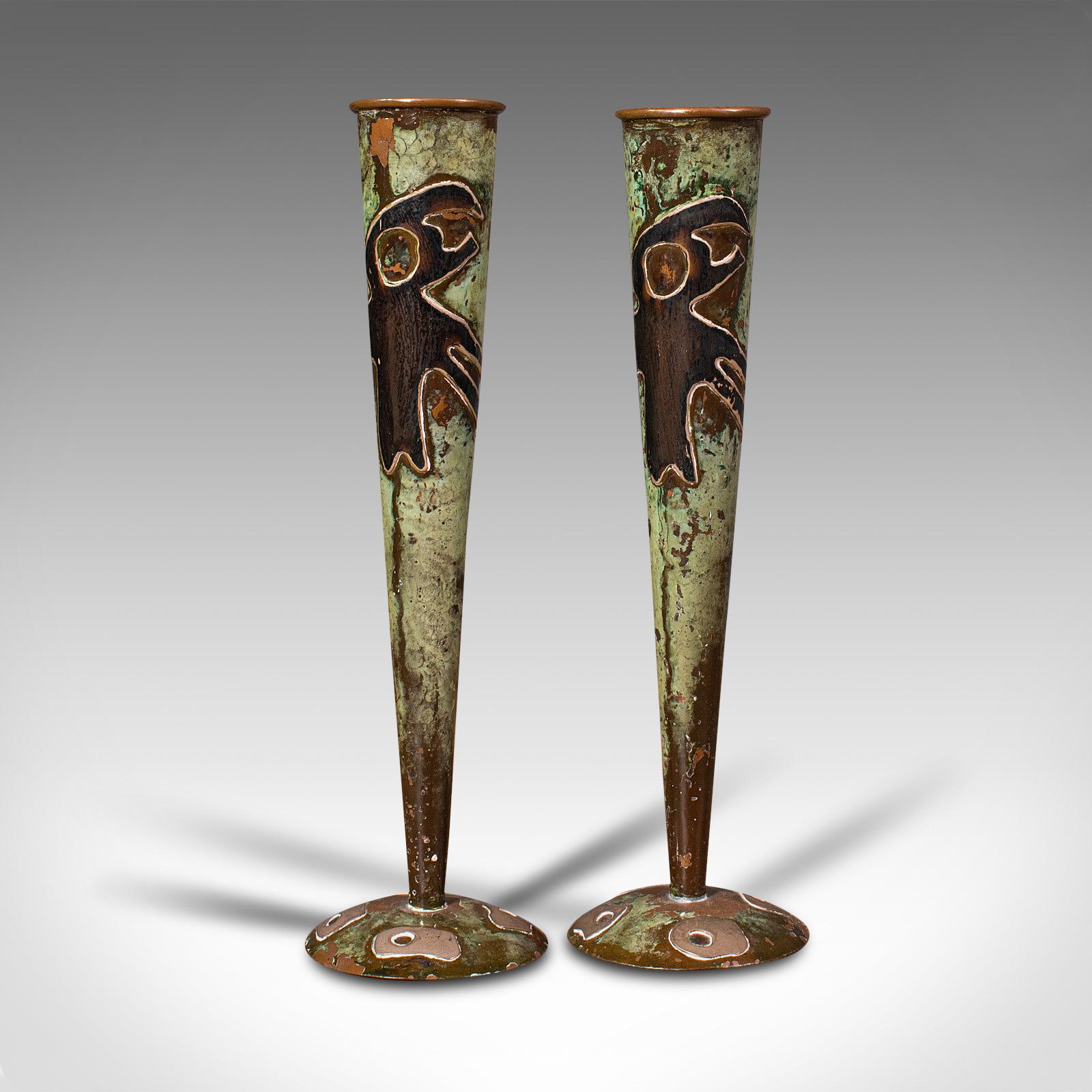 Pair of Antique Flute Vases, French, Copper, Posy, Art Nouveau Taste, Circa 1920 In Good Condition In Hele, Devon, GB