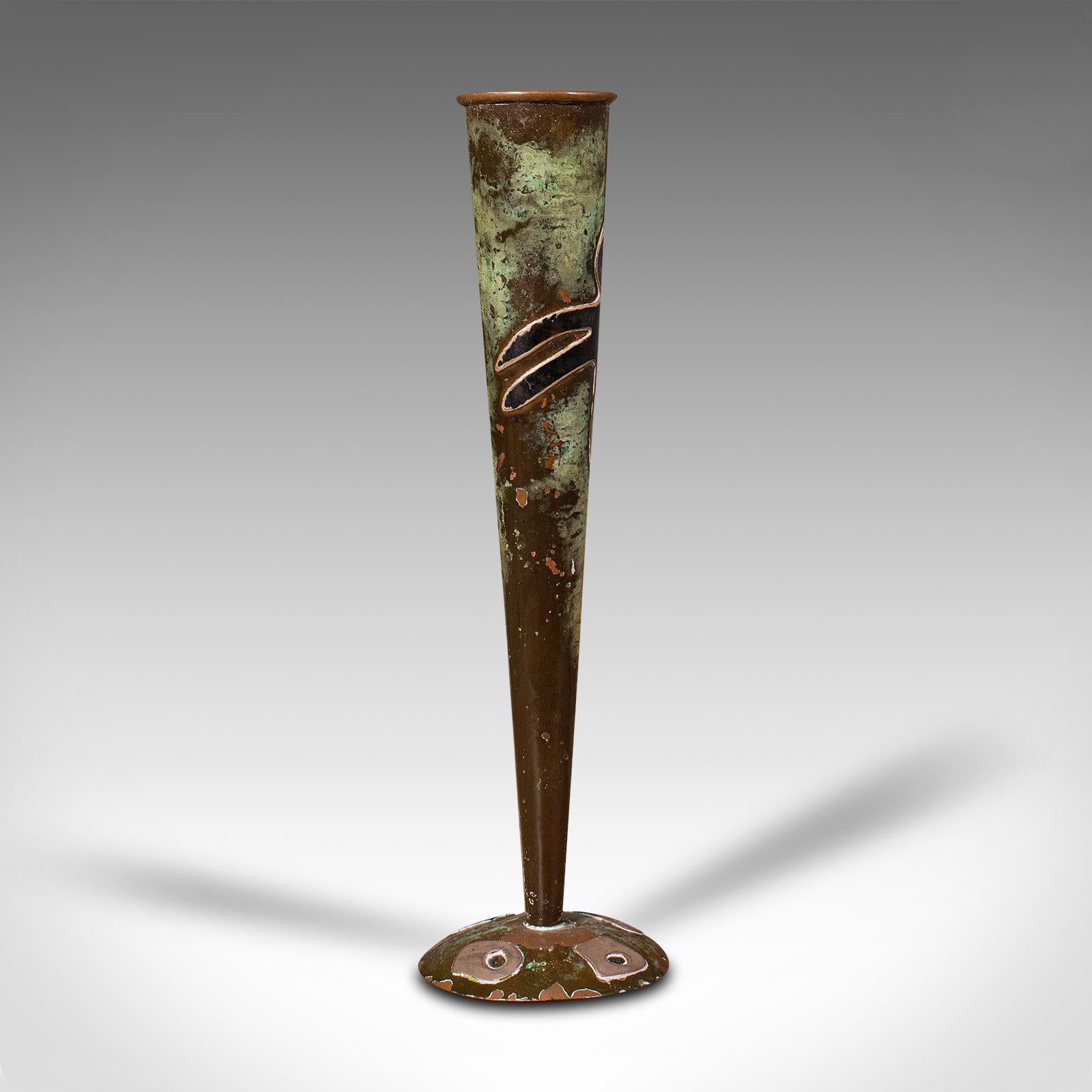 20th Century Pair of Antique Flute Vases, French, Copper, Posy, Art Nouveau Taste, Circa 1920