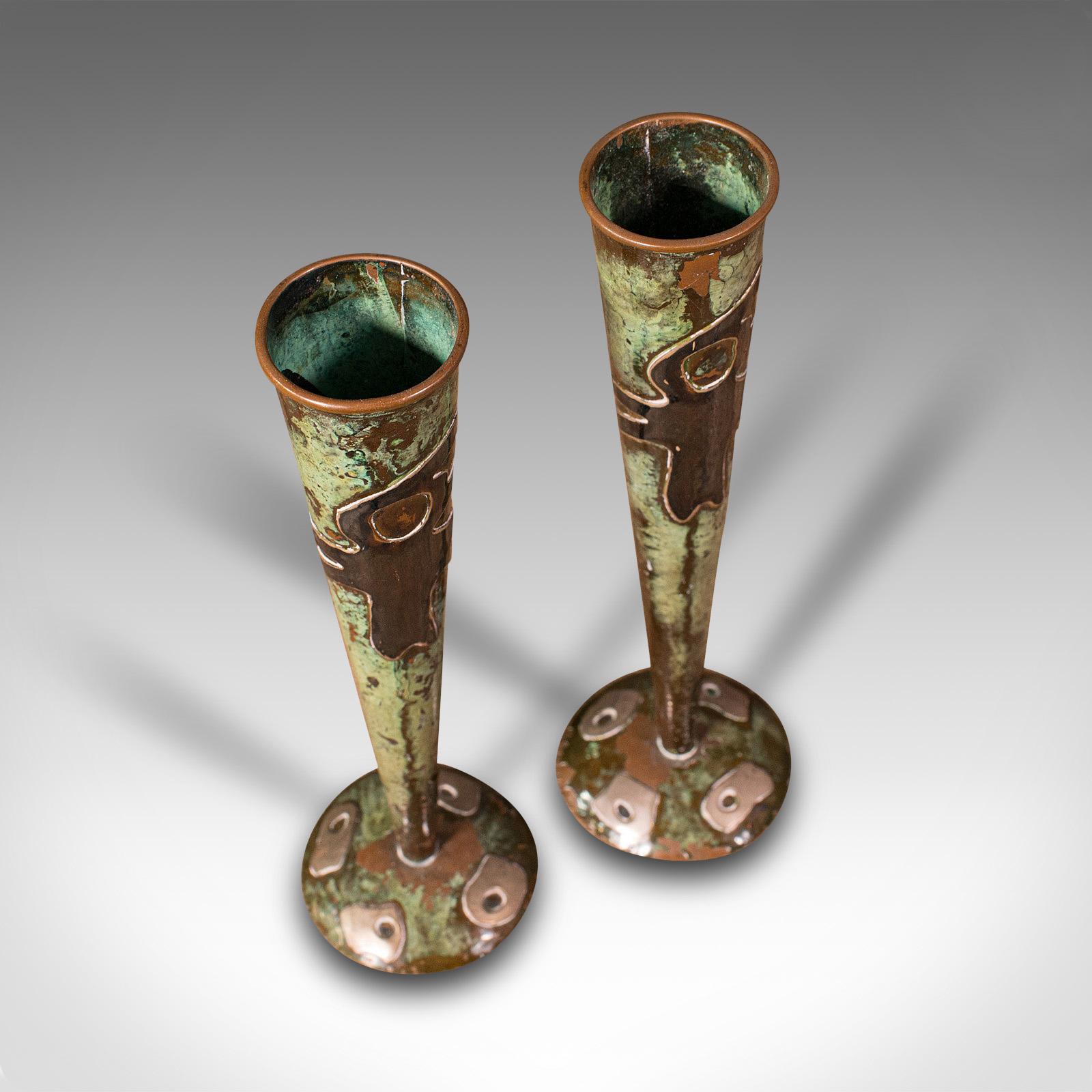 Pair of Antique Flute Vases, French, Copper, Posy, Art Nouveau Taste, Circa 1920 3