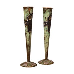Pair of Antique Flute Vases, French, Copper, Posy, Art Nouveau Taste, Circa 1920