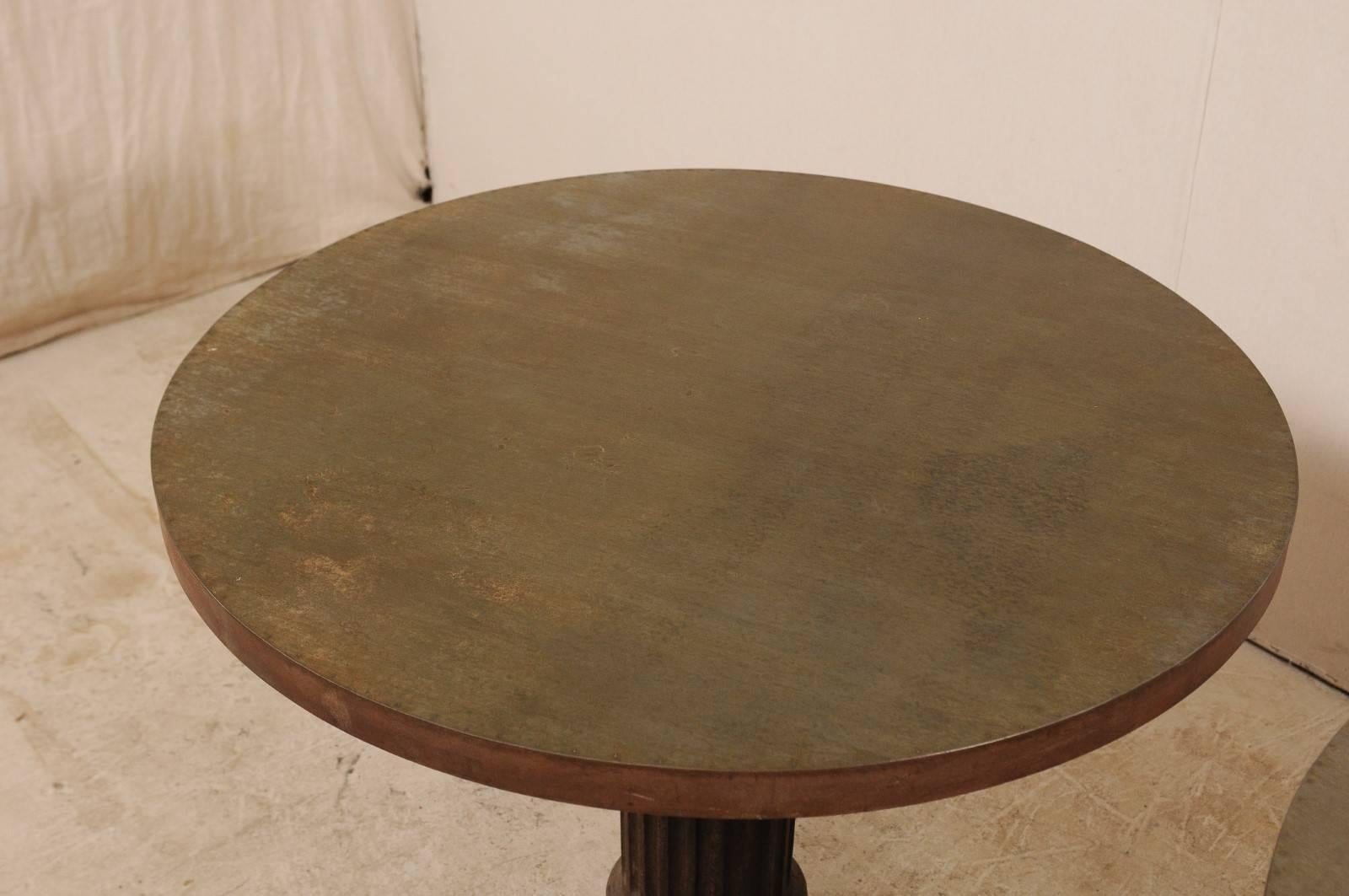 Pair of Antique Fluted-Column Base Tables w/Custom 3' Round Patinated-Steel Tops 1