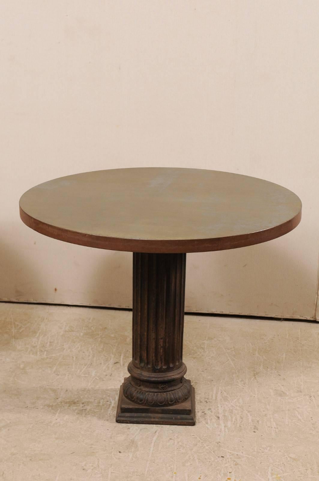 American Pair of Antique Fluted-Column Base Tables w/Custom 3' Round Patinated-Steel Tops
