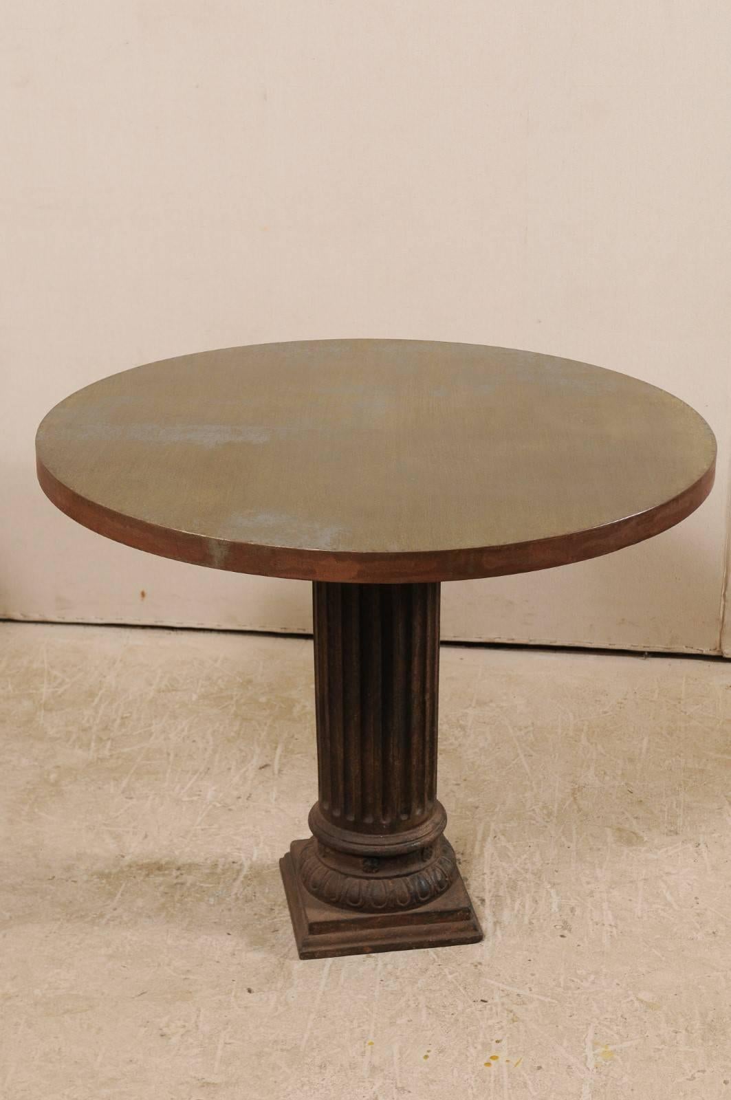 Carved Pair of Antique Fluted-Column Base Tables w/Custom 3' Round Patinated-Steel Tops