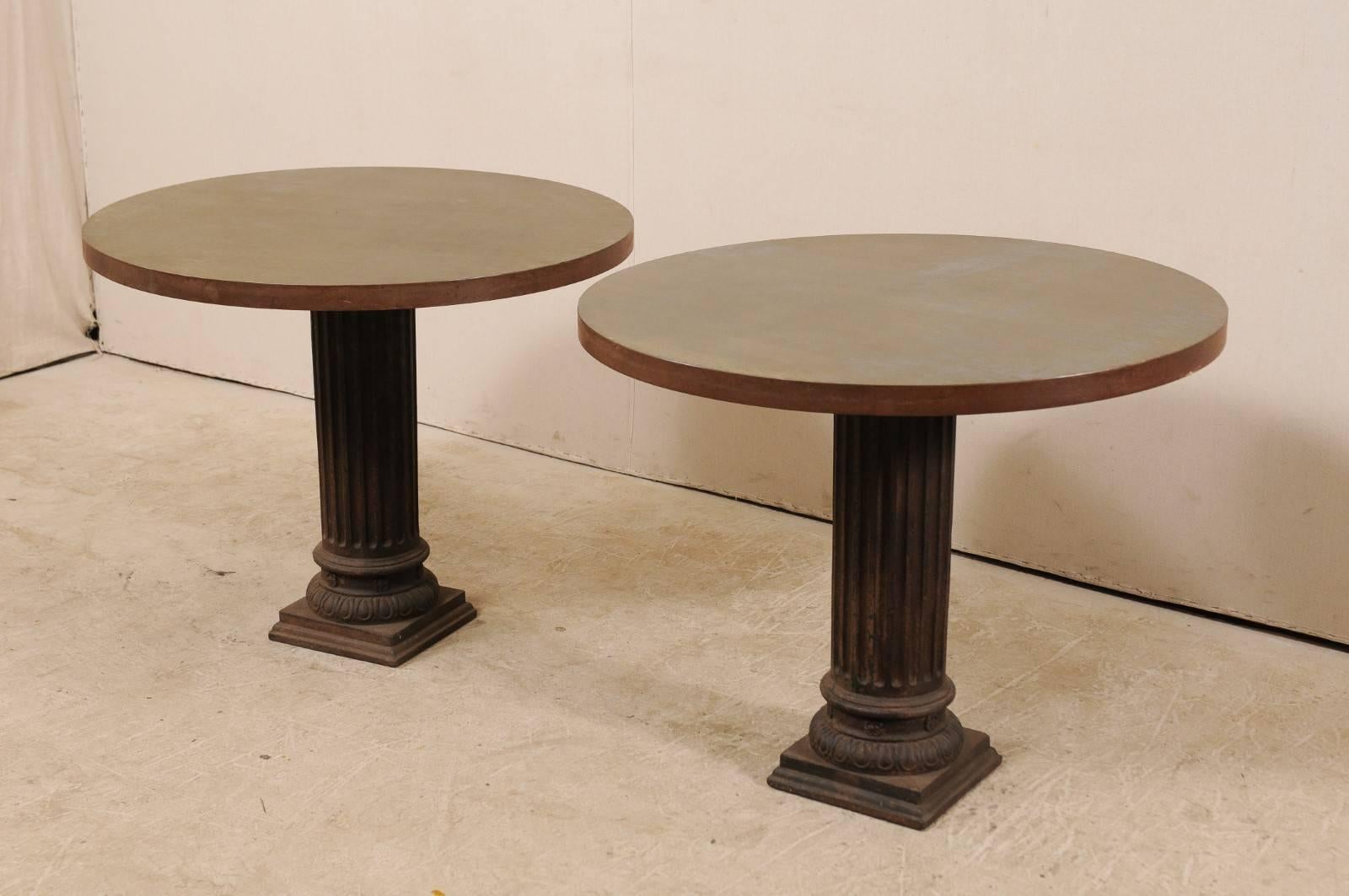 Pair of Antique Fluted-Column Base Tables w/Custom 3' Round Patinated-Steel Tops In Good Condition In Atlanta, GA