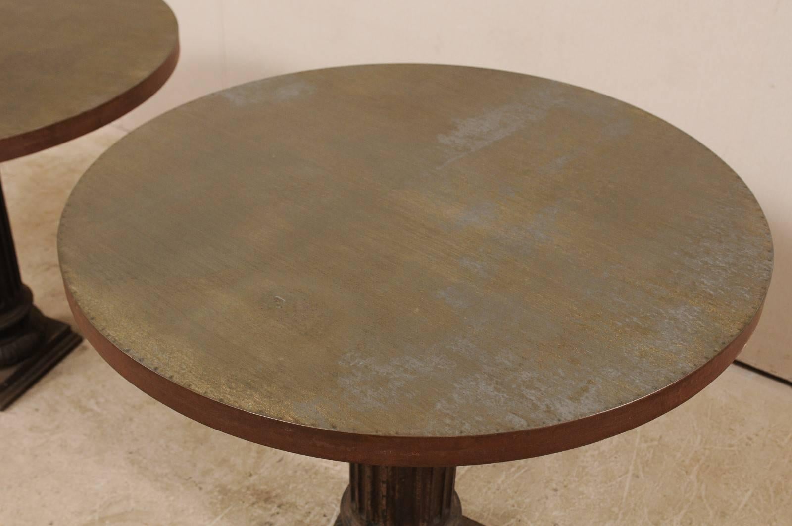20th Century Pair of Antique Fluted-Column Base Tables w/Custom 3' Round Patinated-Steel Tops