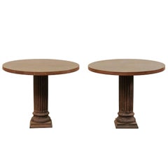 Pair of Antique Fluted-Column Base Tables w/Custom 3' Round Patinated-Steel Tops