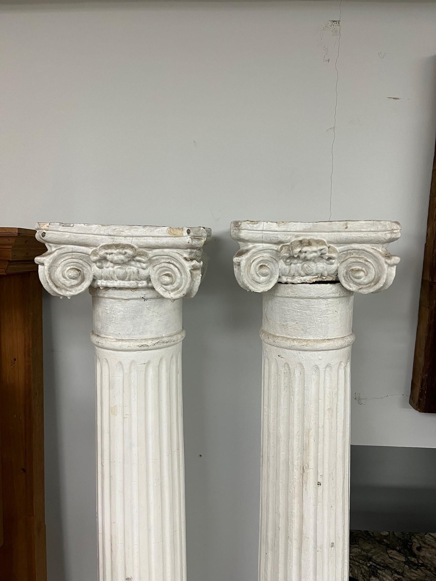 Pair of Antique Fluted Wood Columns with Plaster Ionic Capitals  3