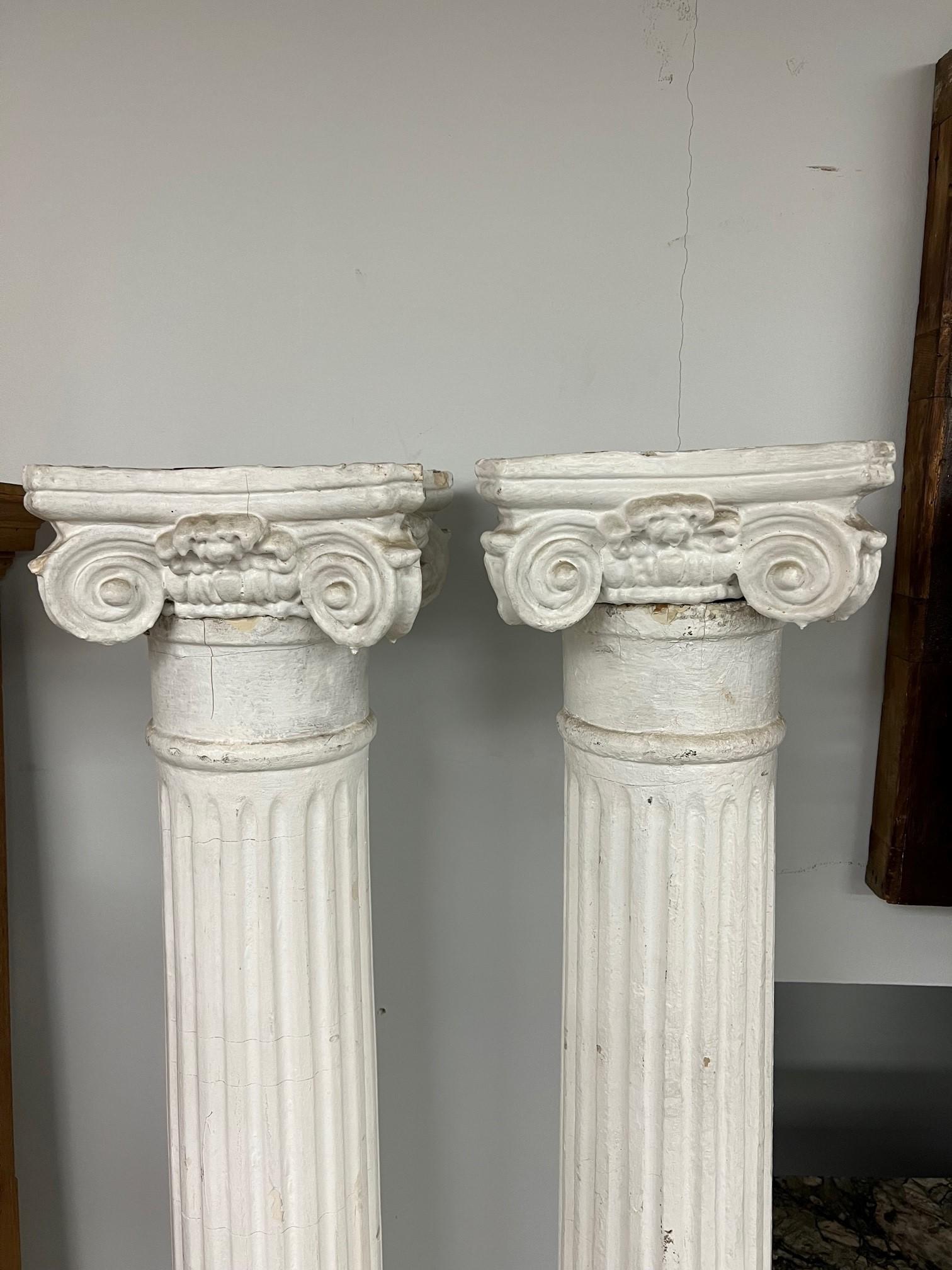 Pair of Antique Fluted Wood Columns with Plaster Ionic Capitals  4