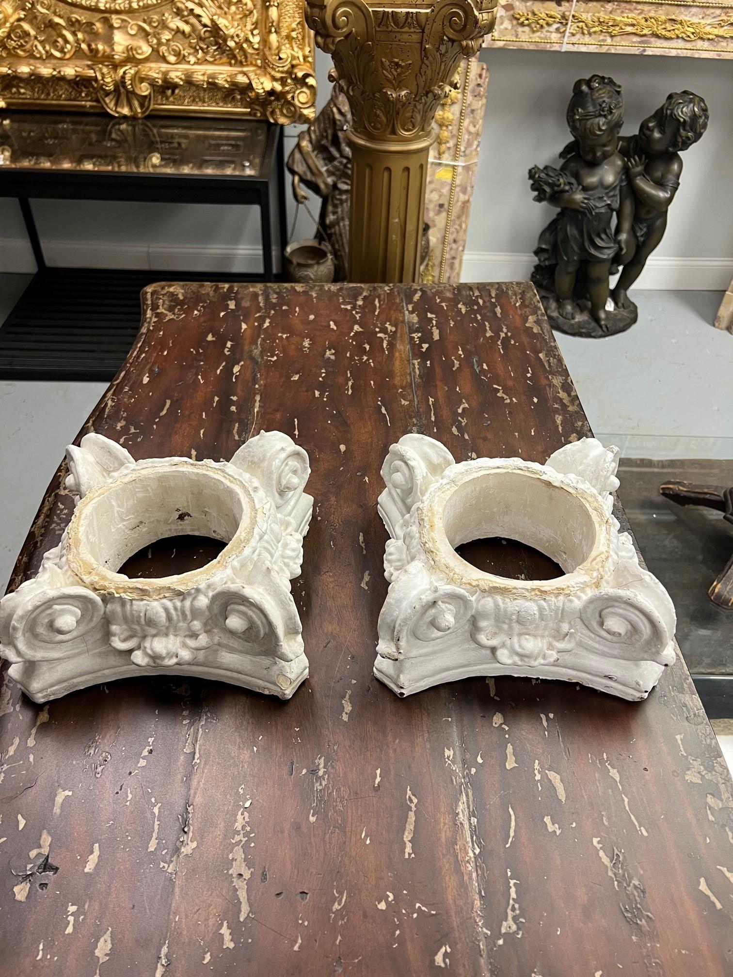 Pair of Antique Fluted Wood Columns with Plaster Ionic Capitals  6