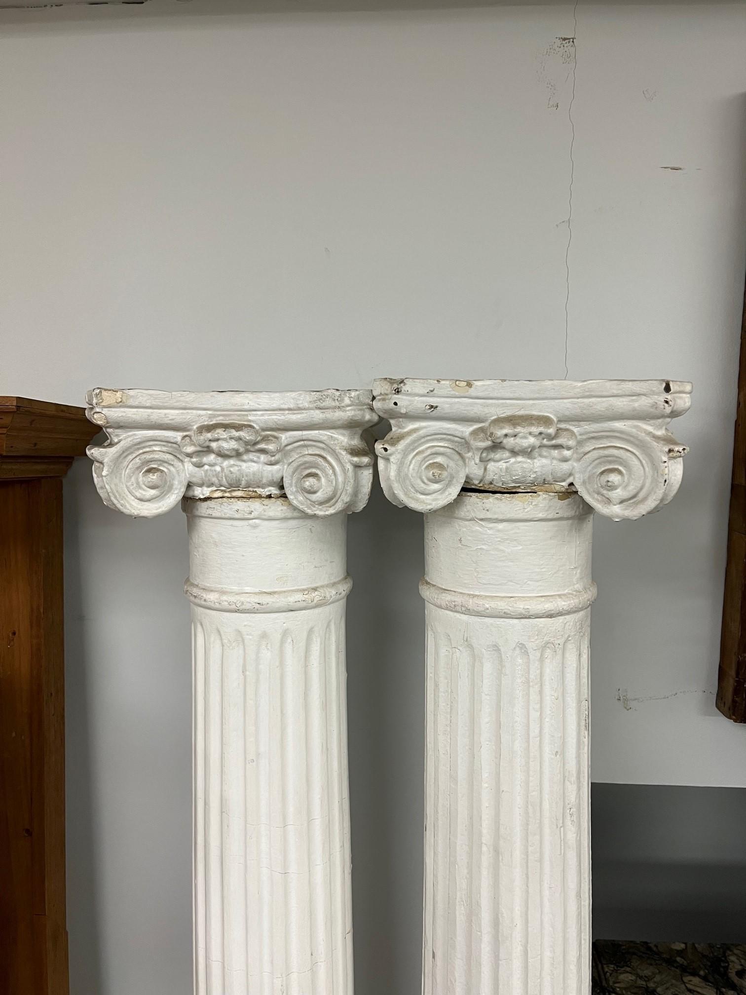Pair of Antique Fluted Wood Columns with Plaster Ionic Capitals 1