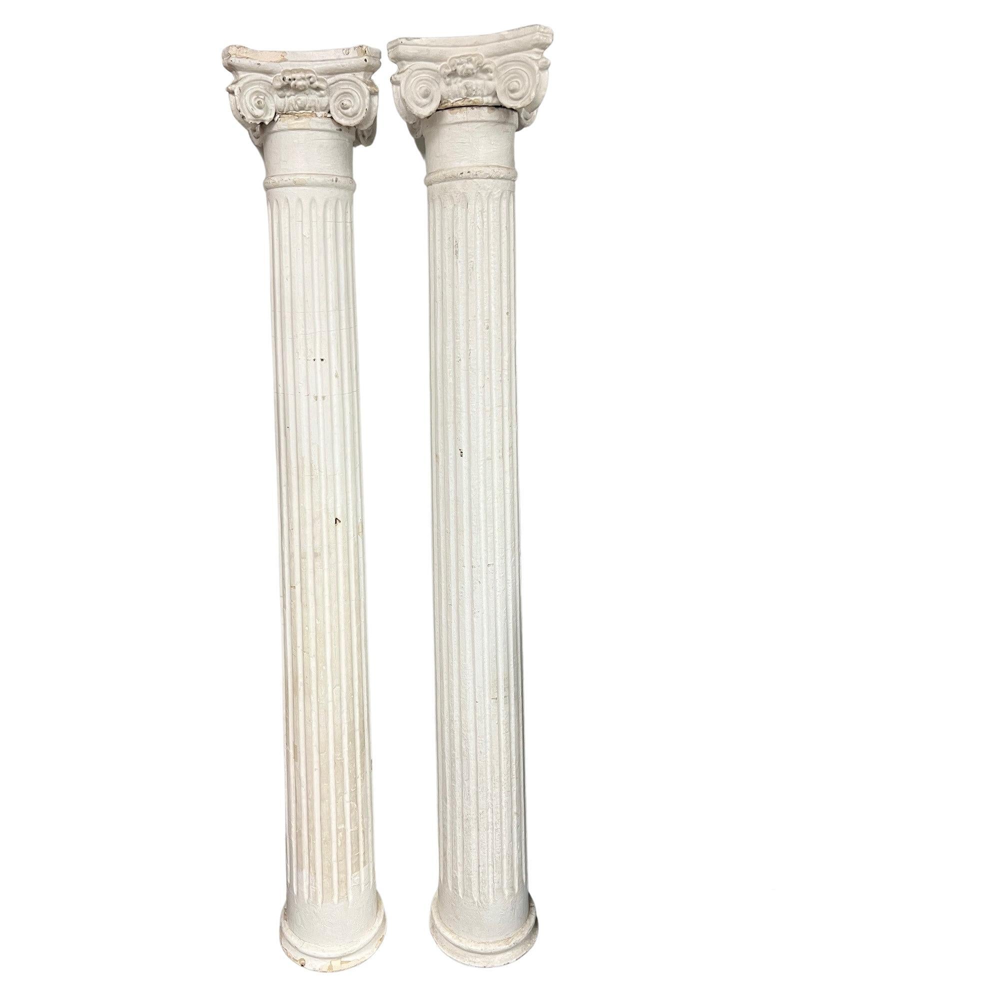 Pair of Antique Fluted Wood Columns with Plaster Ionic Capitals 