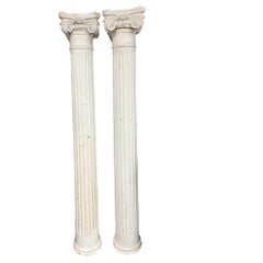 Pair of Antique Fluted Wood Columns with Plaster Ionic Capitals 