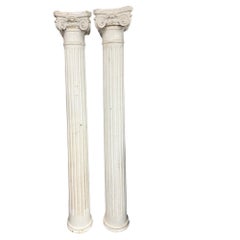 Pair of Antique Fluted Wood Columns with Plaster Ionic Capitals