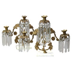 Pair of Antique Foliate Form Bronze, Marble & Crystal Girandoles C1890