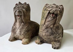 Pair of Antique Folk Art Carved Wooden Maltese Dog Sculptures