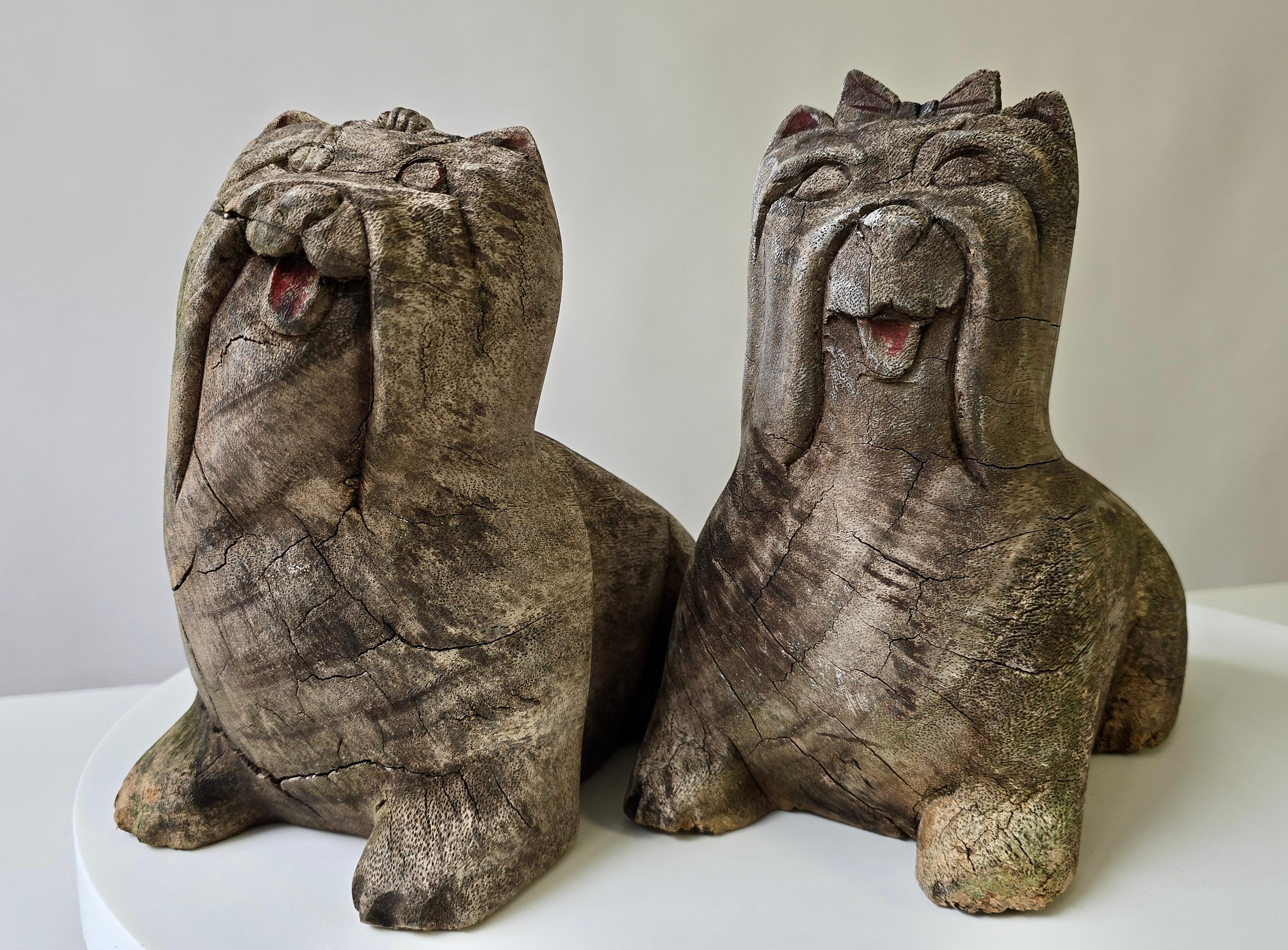 20th Century Pair of Antique Folk Art Carved Wooden Maltese Dog Sculptures For Sale