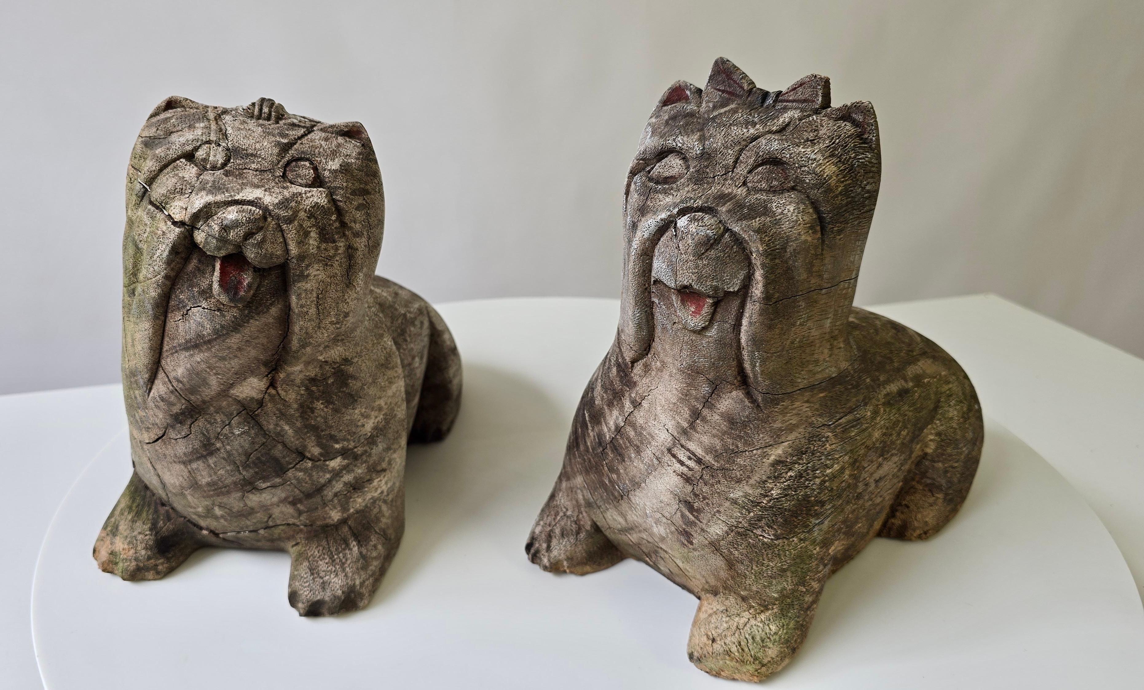Pair of Antique Folk Art Carved Wooden Maltese Dog Sculptures For Sale 2