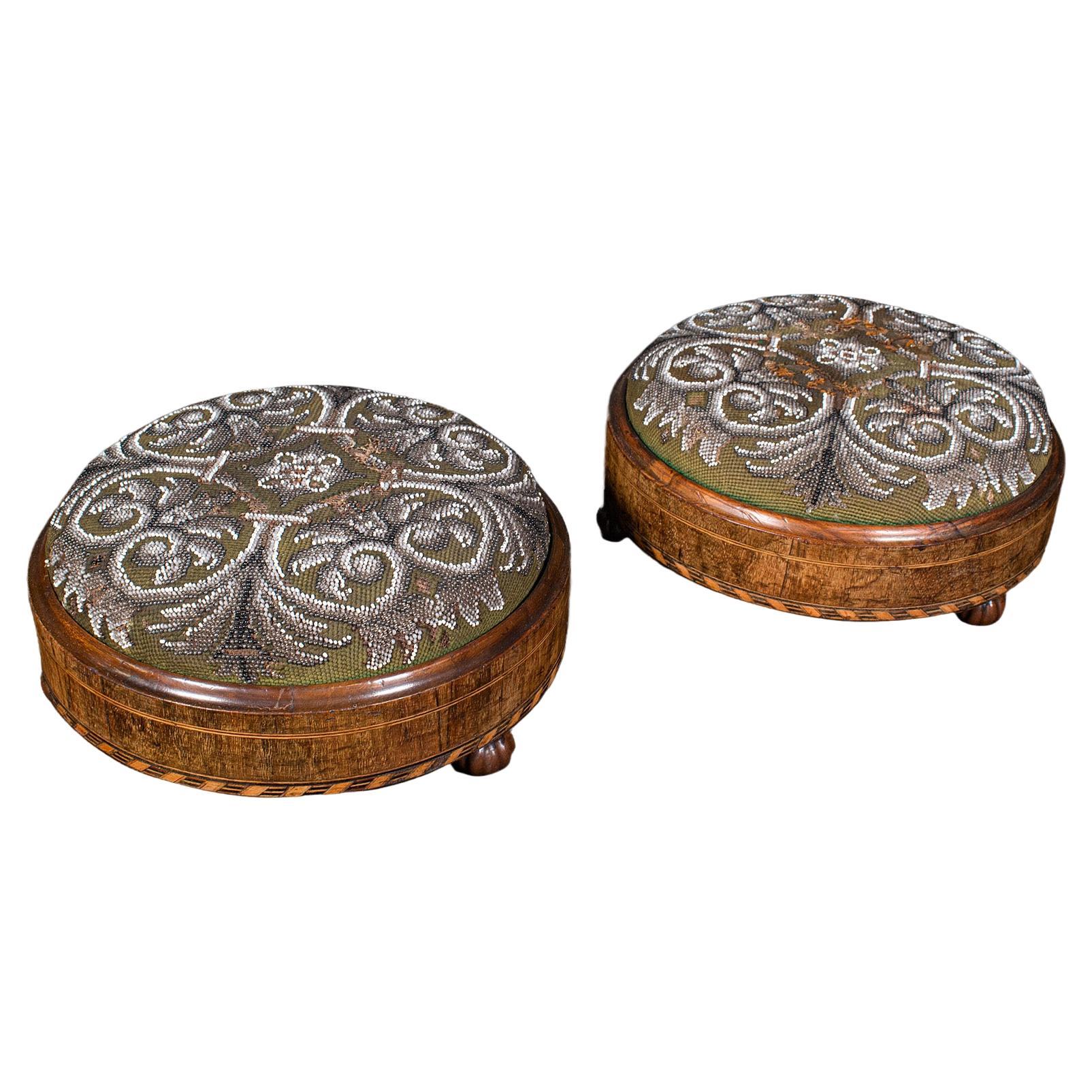 Pair Of Antique Footstools, English, Walnut, Cushioned Stool, Early Victorian For Sale