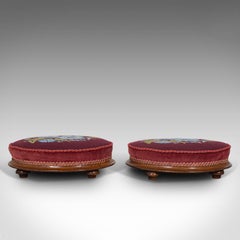 Pair of Antique Footstools, English, Walnut, Needlepoint, Rest, Victorian