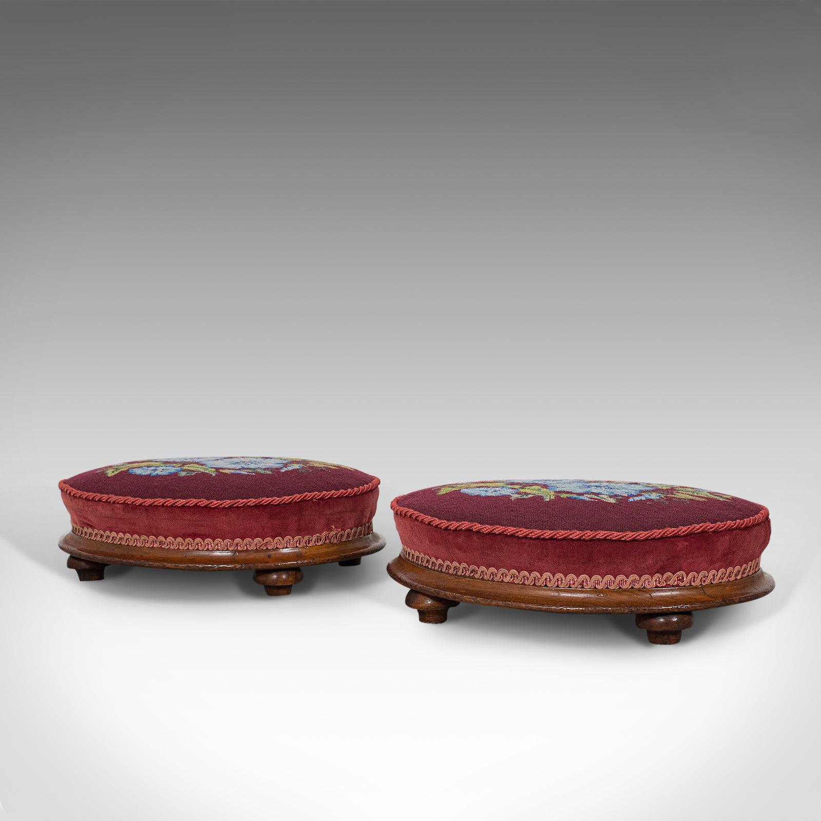 British Pair of Antique Footstools, English, Walnut, Needlepoint, Rest, Victorian