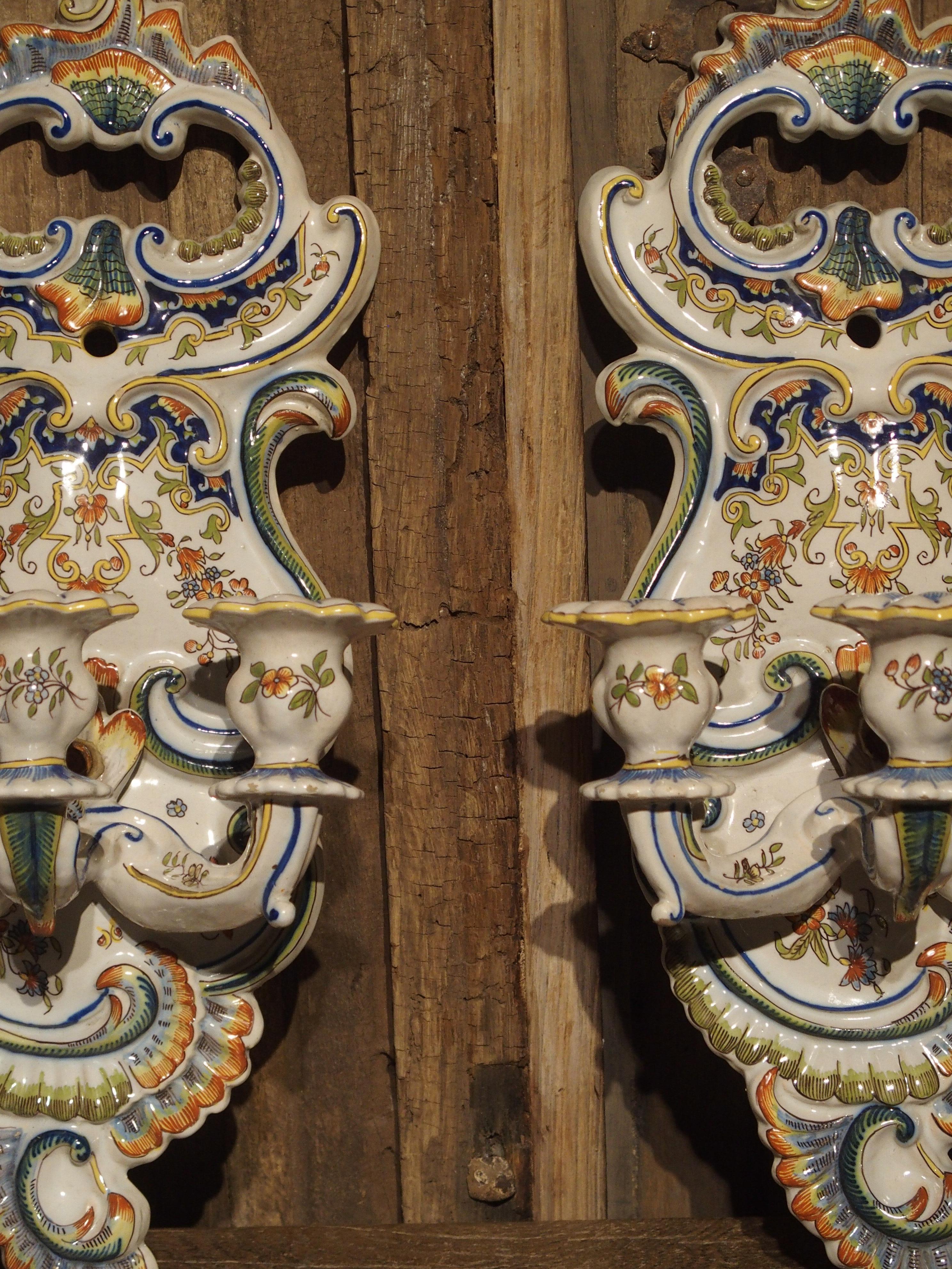 Pair of Antique Fourmaintraux Faience Wall Sconces from Desvres, France For Sale 4