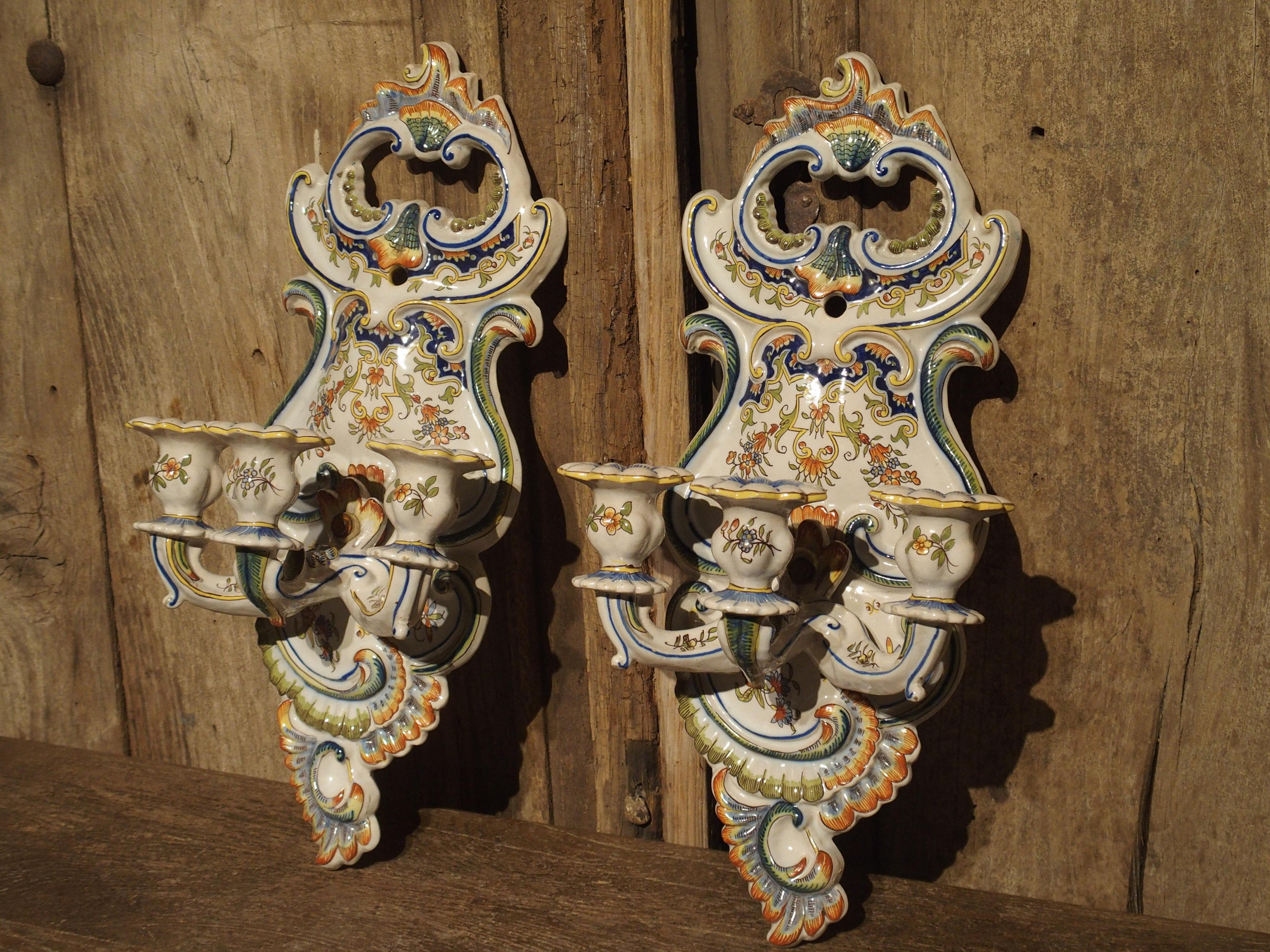 Pair of Antique Fourmaintraux Faience Wall Sconces from Desvres, France For Sale 5