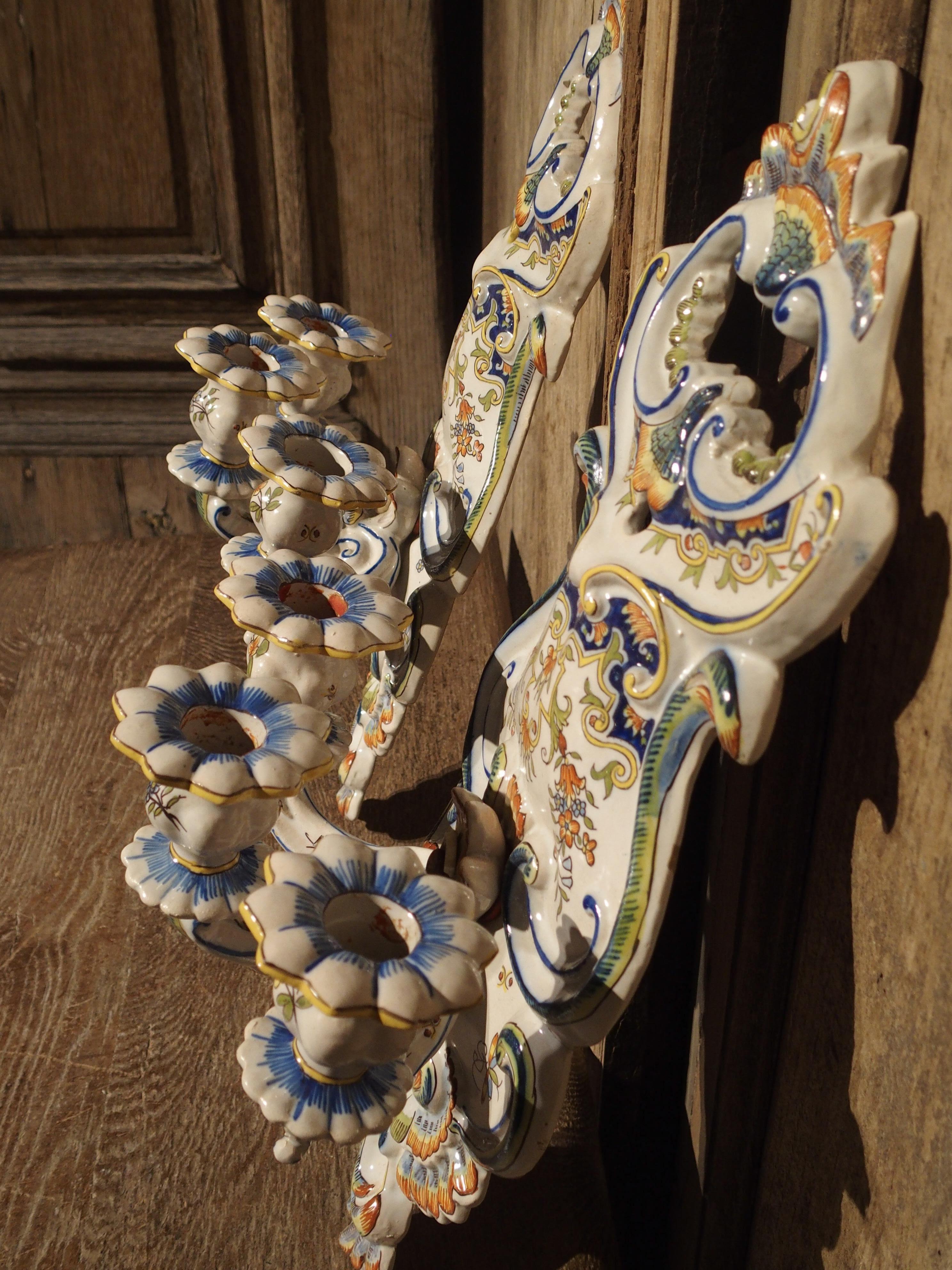 Pair of Antique Fourmaintraux Faience Wall Sconces from Desvres, France For Sale 6