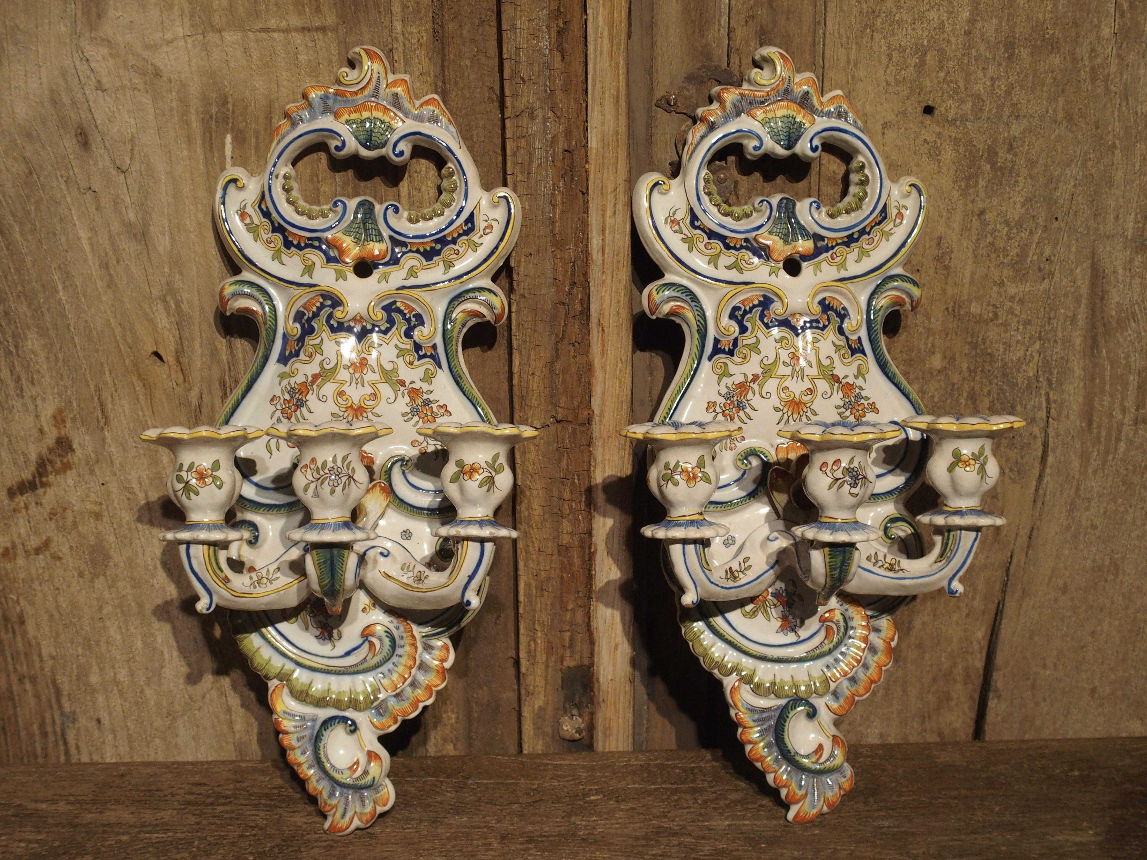 Pair of Antique Fourmaintraux Faience Wall Sconces from Desvres, France For Sale 11