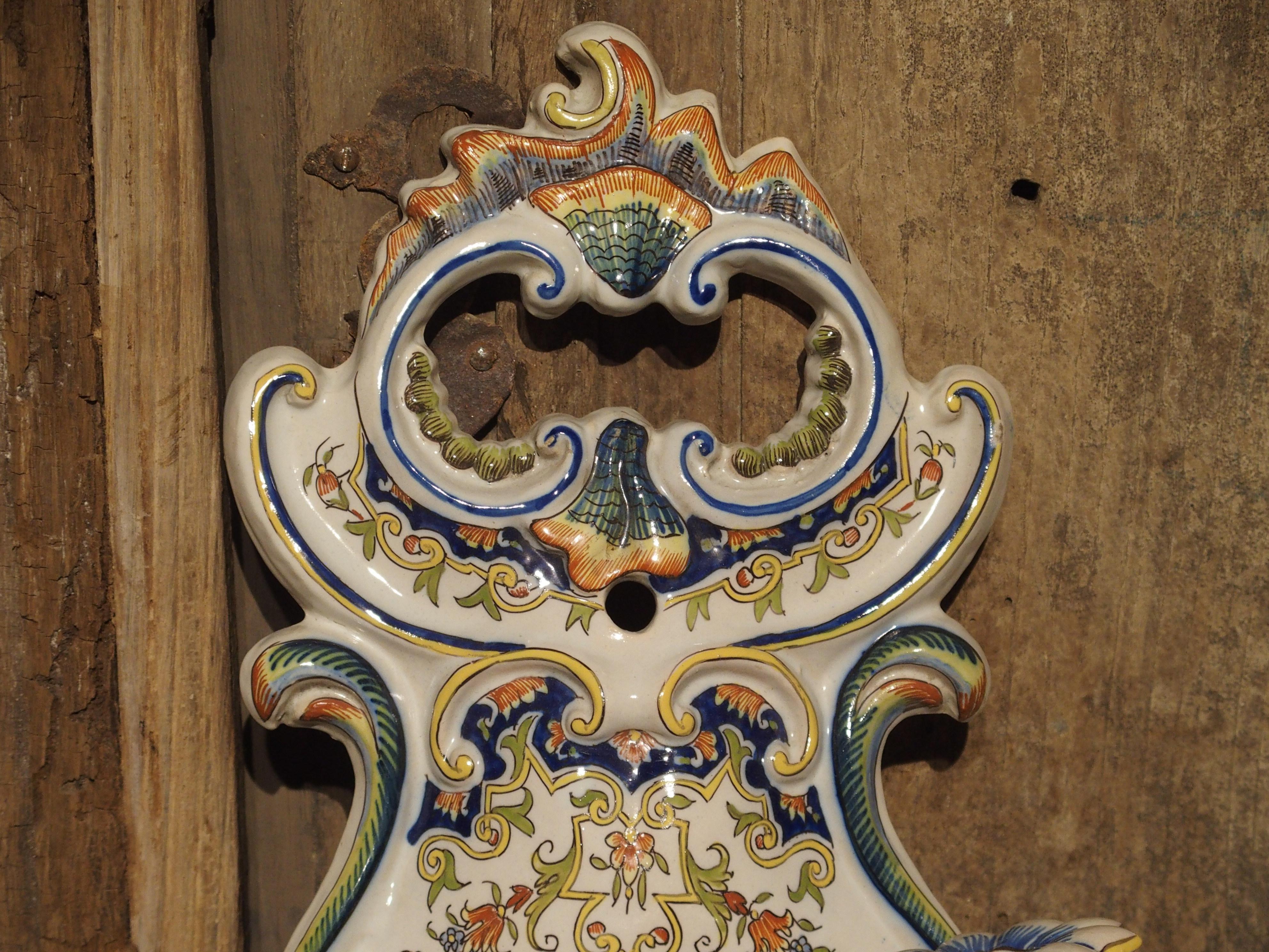 French Pair of Antique Fourmaintraux Faience Wall Sconces from Desvres, France For Sale