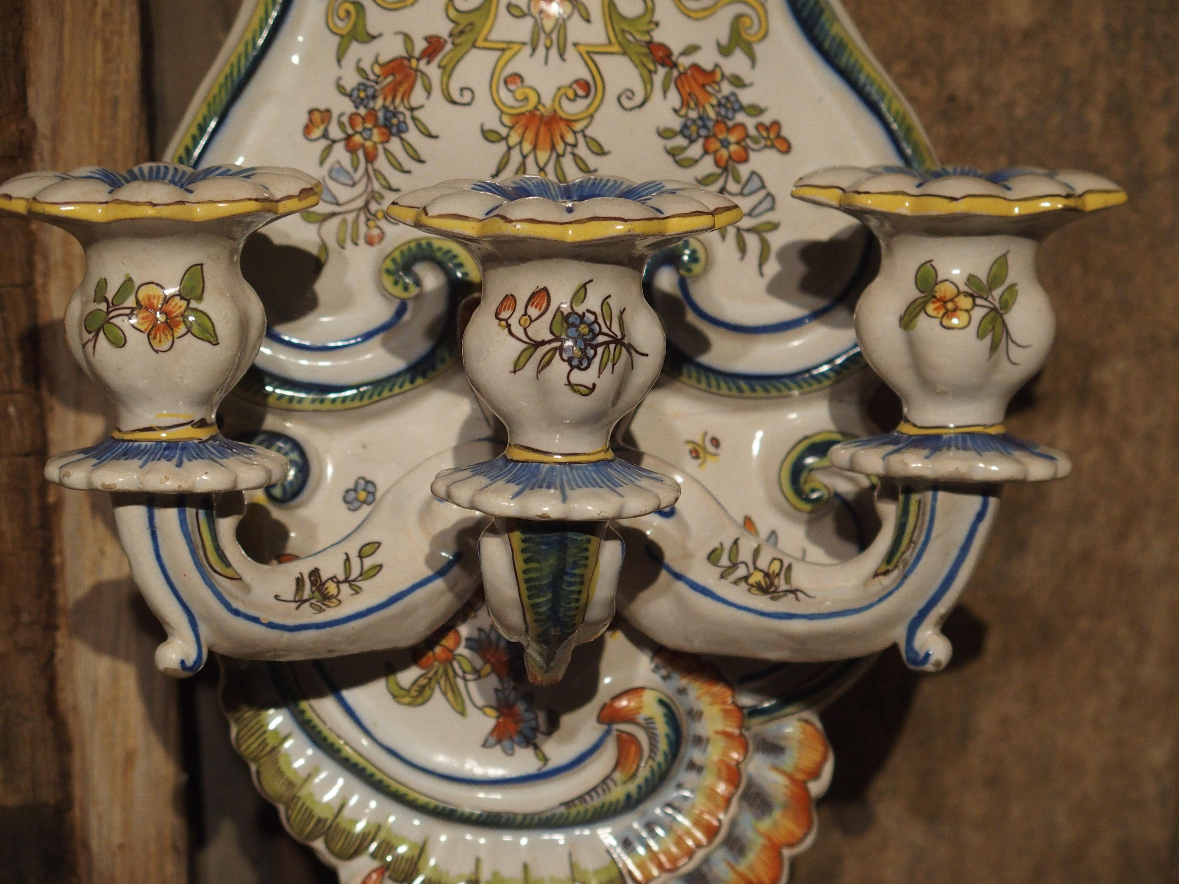 Hand-Painted Pair of Antique Fourmaintraux Faience Wall Sconces from Desvres, France For Sale