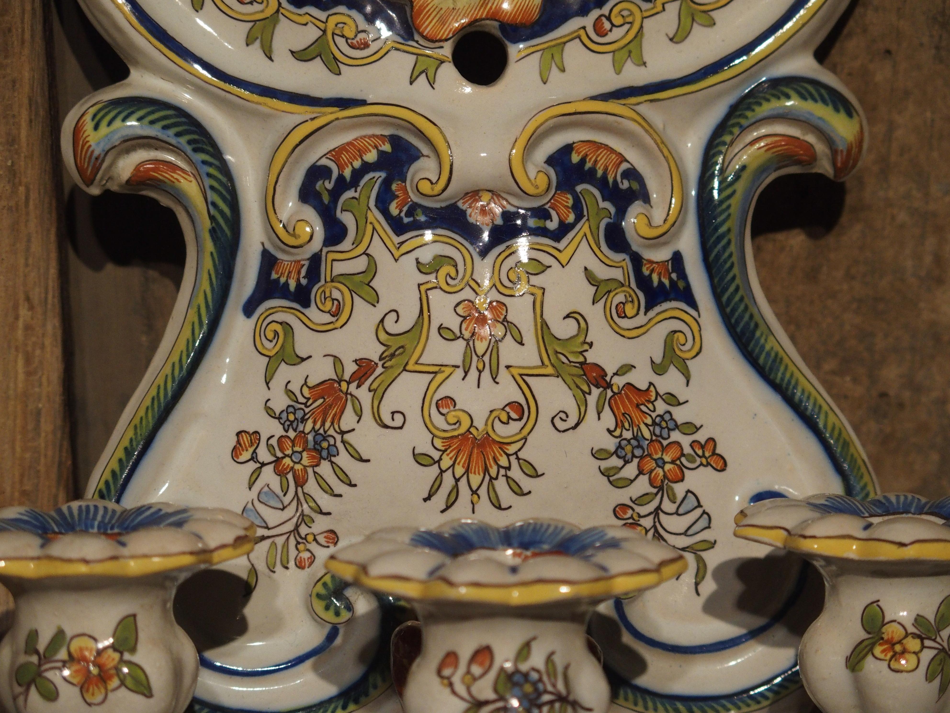 Pair of Antique Fourmaintraux Faience Wall Sconces from Desvres, France In Good Condition For Sale In Dallas, TX